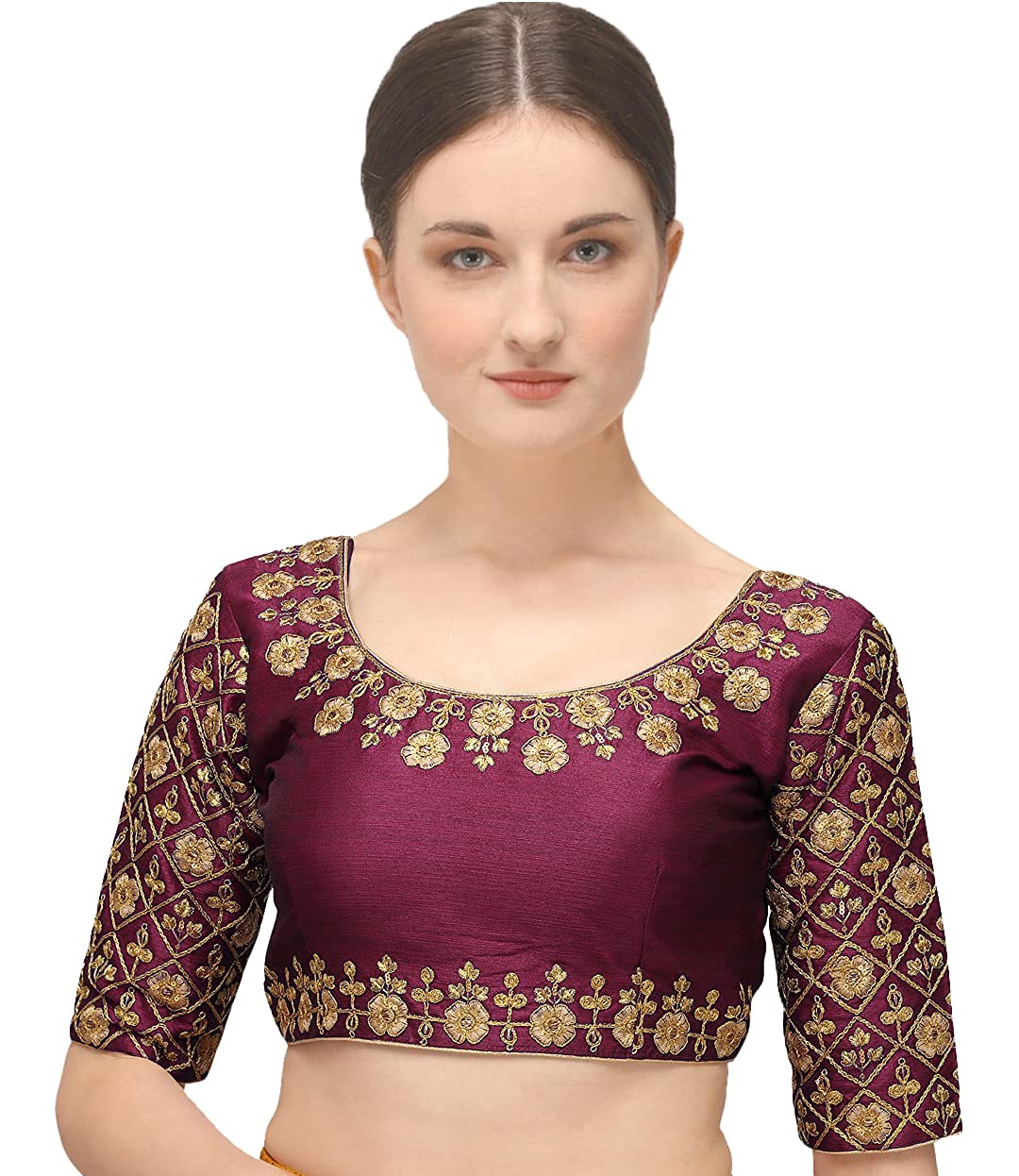 Pujia Mills Embroiderd Work Phantom Silk Readymade Blouse (Wine, 38)