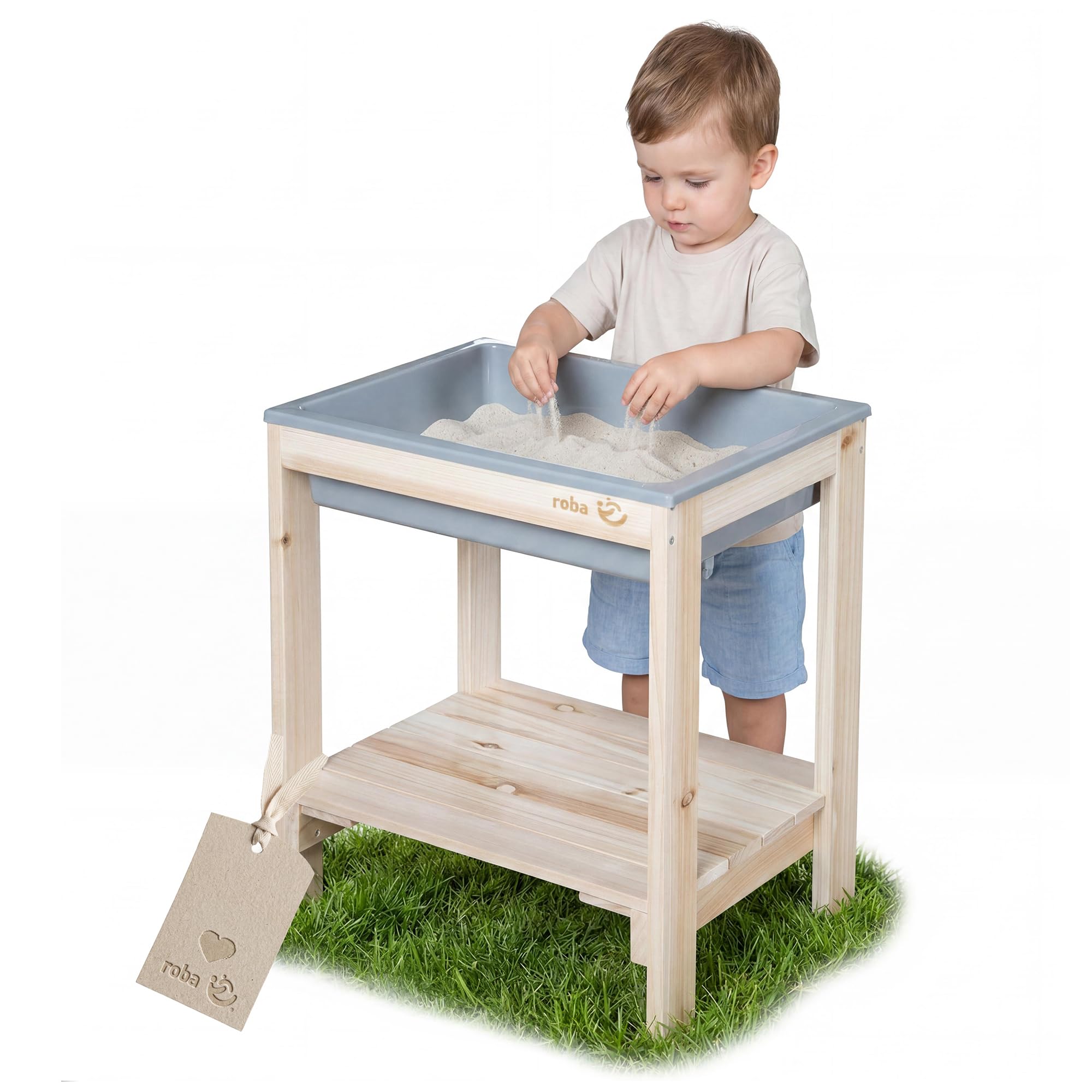 roba Outdoor + Spieltisch "Tiny" mit Spielwanne - Sand- & Matschtisch aus Massivholz - Gartenmöbel für Kinder - Ab 18 Monaten - Natur Unbehandelt