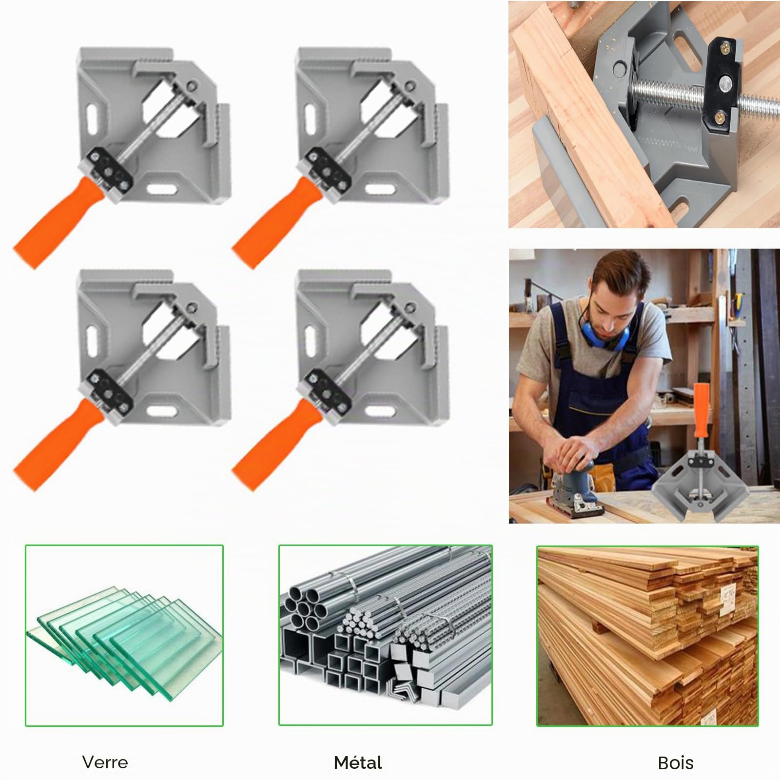 Lot de 4 Pinces d'Angle 90° en Alliage d'Aluminium Léger,Serre Joint Angle,Mâchoire Pivotante Réglable 360°,pour Menuiserie Soudage Assemblage Bois Métal Verre