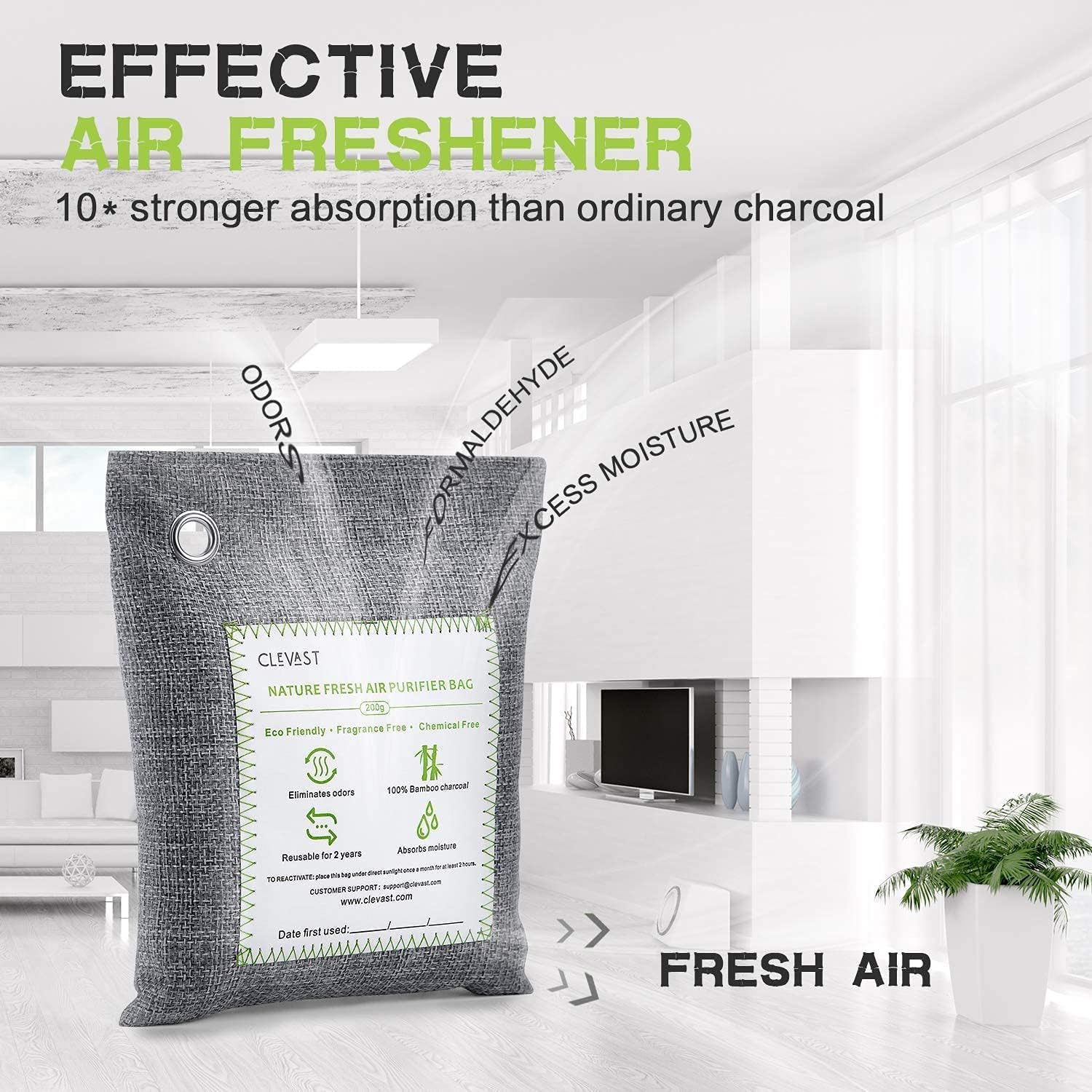CLEVAST Bamboo Charcoal Air Purifying Bags (4×200g), Removes Odors and Moisture, Nature Fresh Air Purifier Bags, Odor Eliminator for Home, Car, Pets, Bathroom, Basement - Image 3