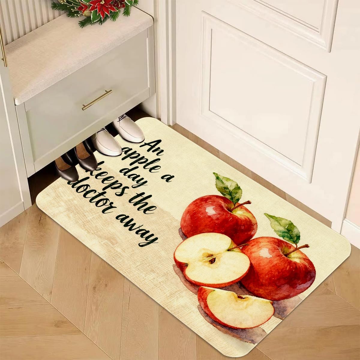 Red Apples Kitchen Rugs Set of 2 - Cotton Linen Blend Floor Mats(17.7''x29.5''+17.7''x47'') - Washable Non-Slip Kitchen Mats for Home Office Bedroom Bathroom Laundry