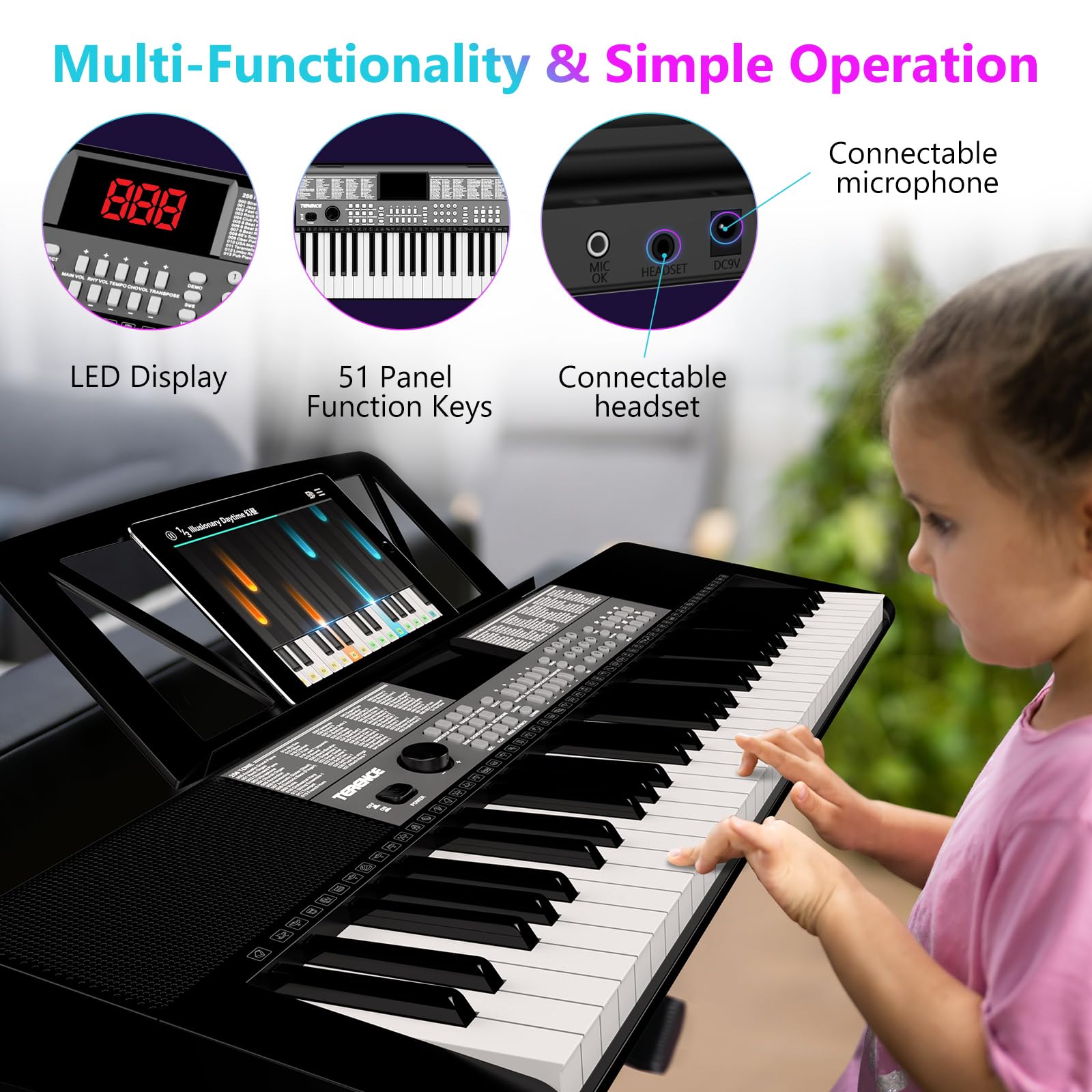 TERENCE Piano Numérique 61 Touches Double Haut-parleur HiFi Clavier Piano avec 51 Touches de Fonction Affichage LED Double Clavier 2 Options d'alimentation Support pour Casque et Microphone