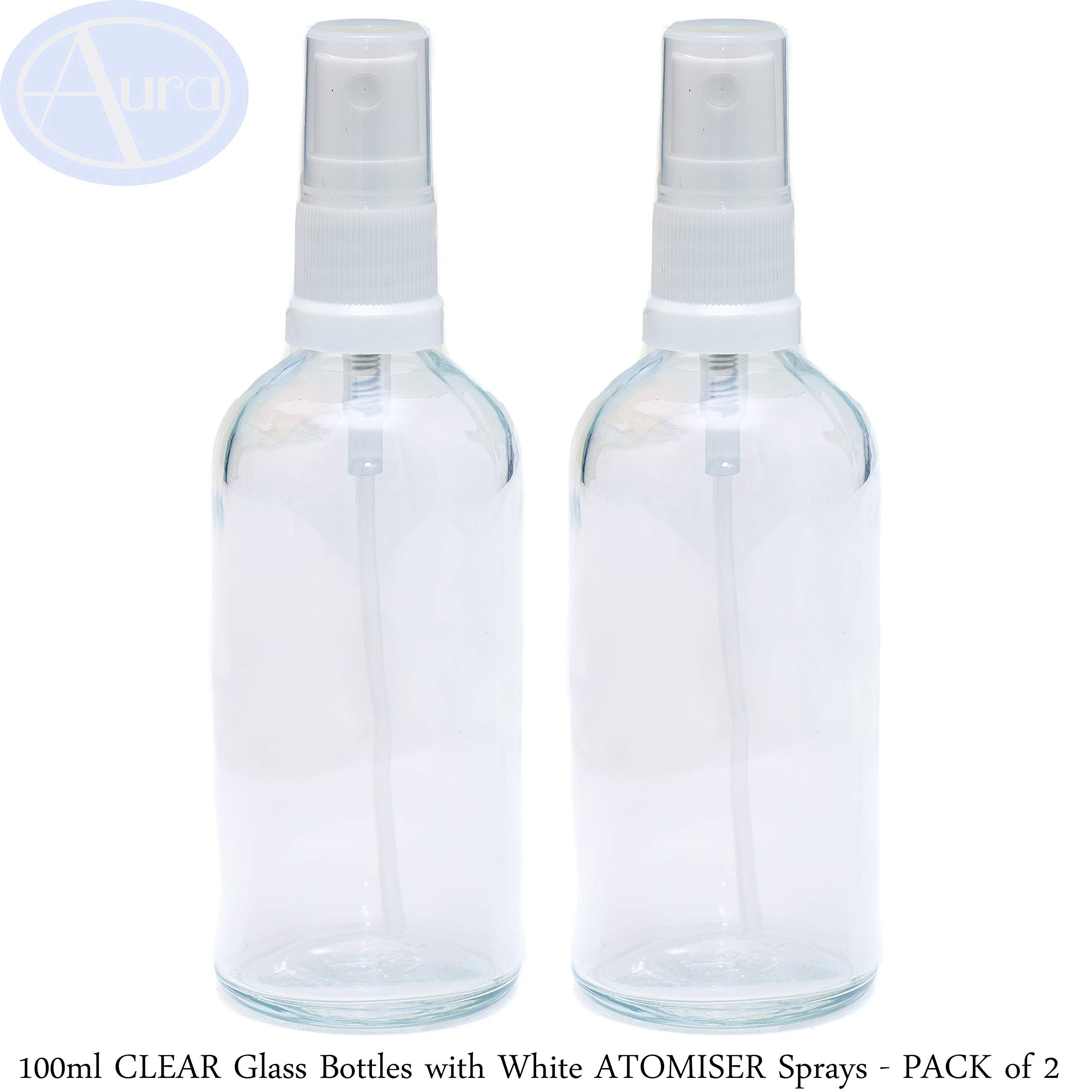 100ml CLEAR Glass Bottles with White ATOMISER Sprays - PACK of 2