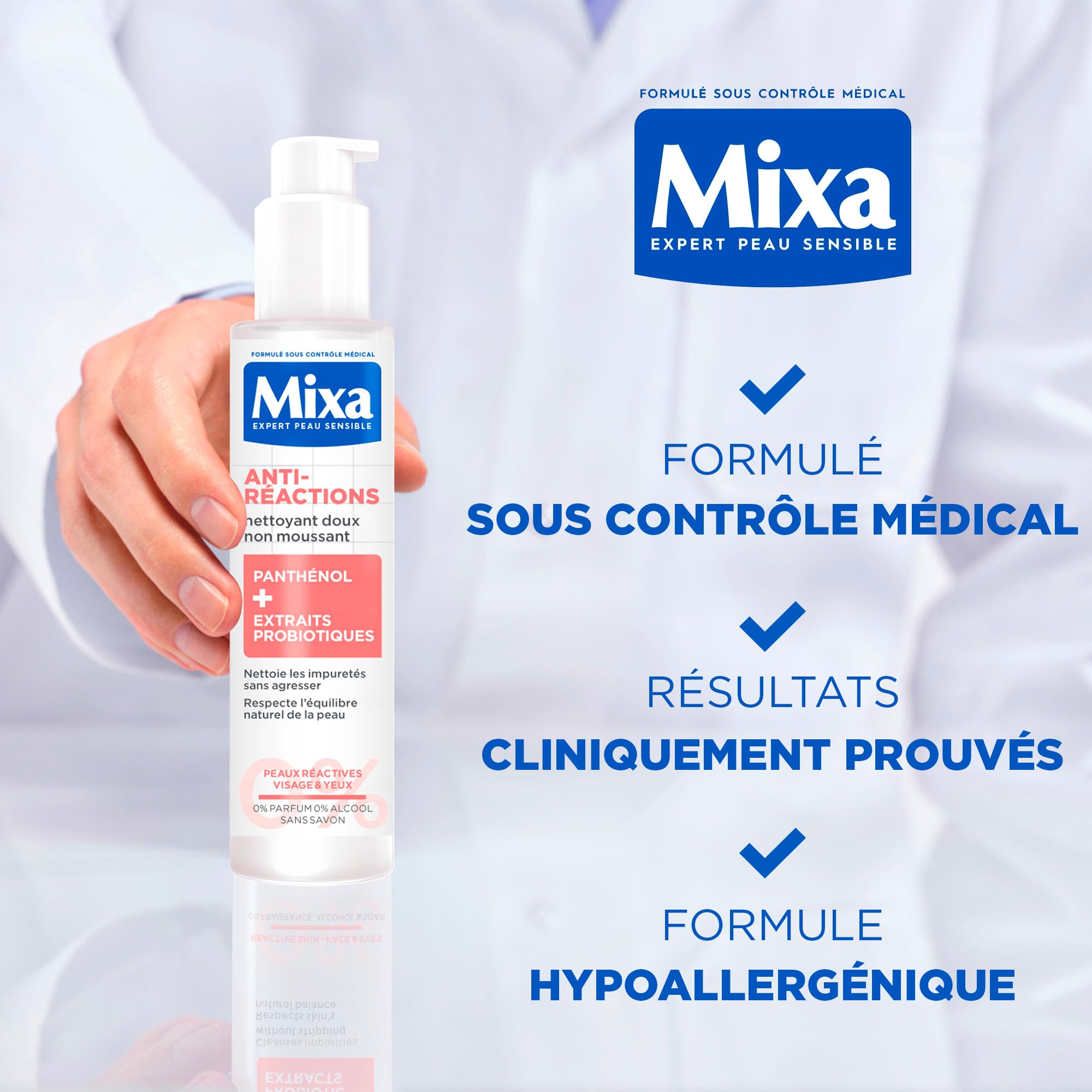 MIXA - Nettoyant Visage Anti-Réactions - Elimine les Impuretés Sans Agresser - Non Moussant, Sans Parfum, Sans Savon - Panthénol + Extraits Probiotiques - Tous Types de Peaux Réactives - 150 ml