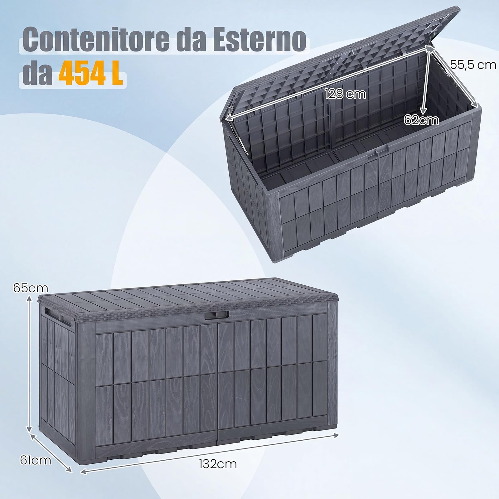 COSTWAY 455 L Cassapanca Contenitore, Contenitore da Esterno in PP Resistente alle Intemperie con Coperchio e Foro della Serratura per Soggiorno, Giardino e Bordo Piscina (132 x 61 x 65 cm,Grigio)