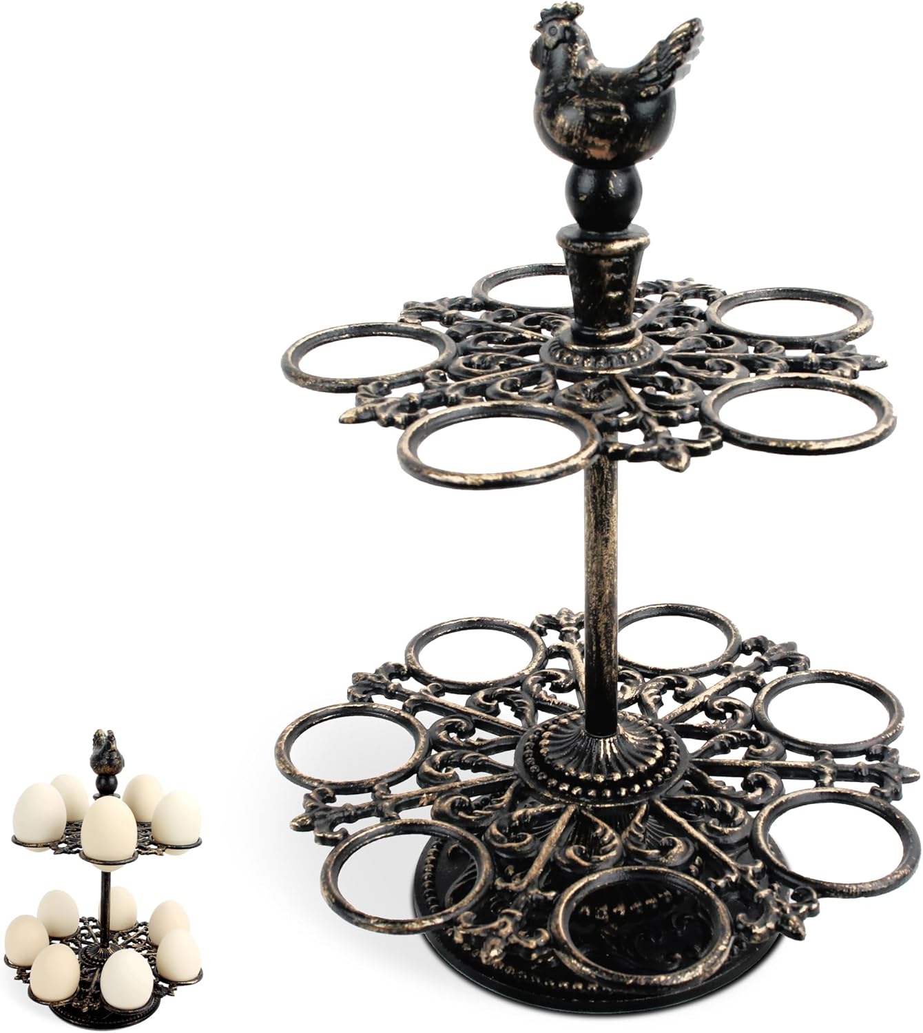Cast Aluminum Fresh Egg Holder Countertop, Egg Holder Rack Tray for 12 Fresh Eggs, 2-Tier Egg Tray & Dispenser with Rooster Top Design, Egg Skelter for Kitchen (7.67" × 7.67" × 10.98")