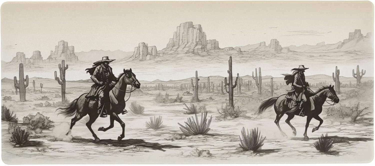Western Desert Cowboy Large Mouse Pad Non-Slip Desk Mat for Desktop 3mm Thick Long Rubber Base Desk Mat Protector for Gamer Office Work Home 35.4x15.7 Inch