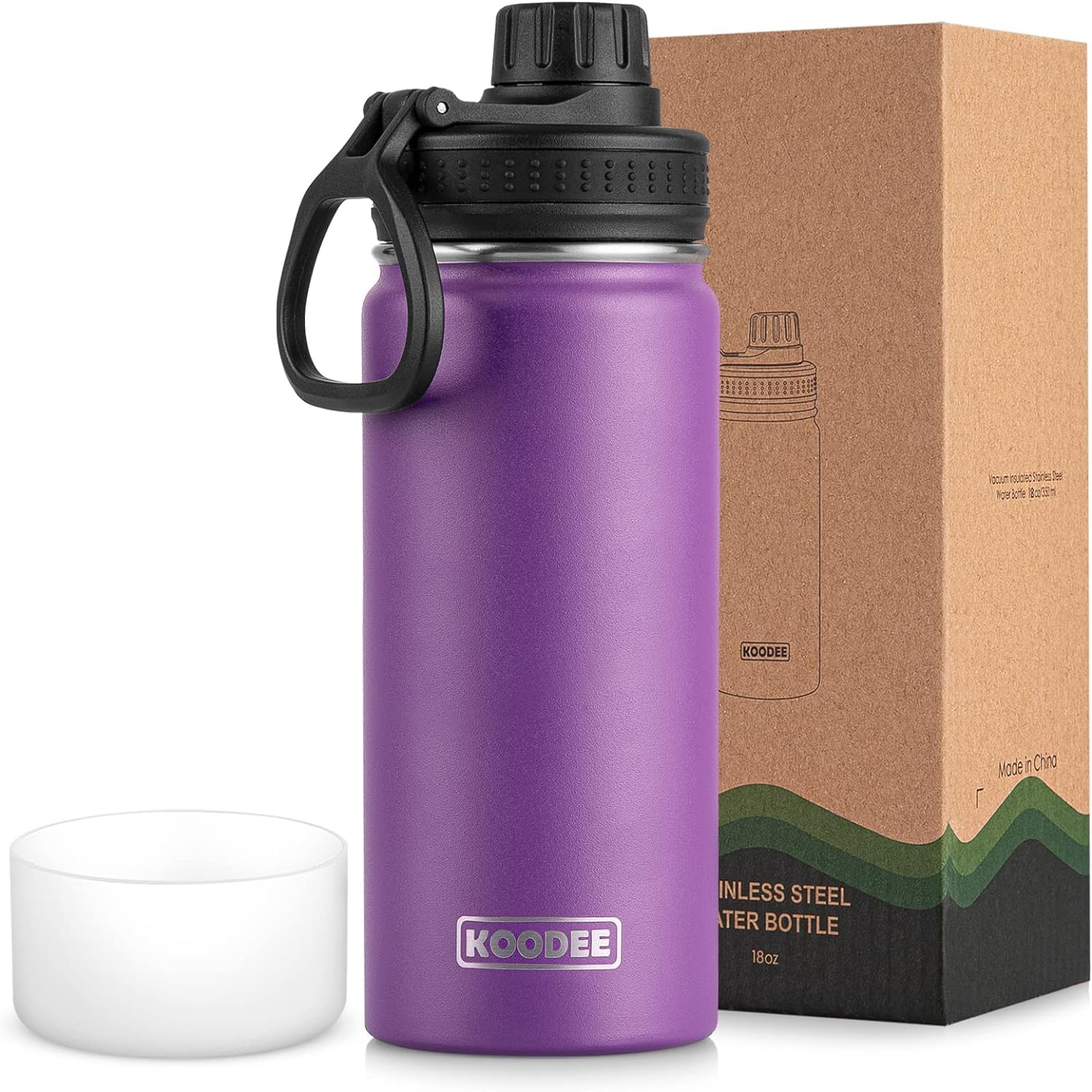 Koodee Insulated Water Bottle, 18 oz Stainless Steel Double Wall Vacuum Wide Mouth Sport Bottle with Leakproof Spout Lid (Purple)
