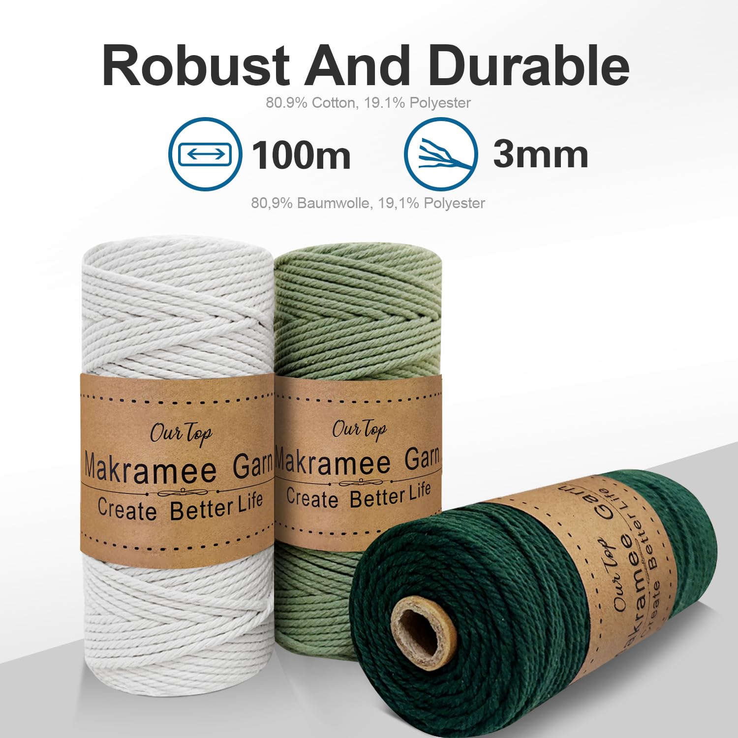 Cerkkapo Set van 4 macramégaren, macramégaren, 3 mm, macramé, katoenen koord, naturel, 3 mm x 100 m, macramégaren, set voor knutselen, breien, wandbekleding, deurgordijn, bloemenlamp, boho-decoratie
