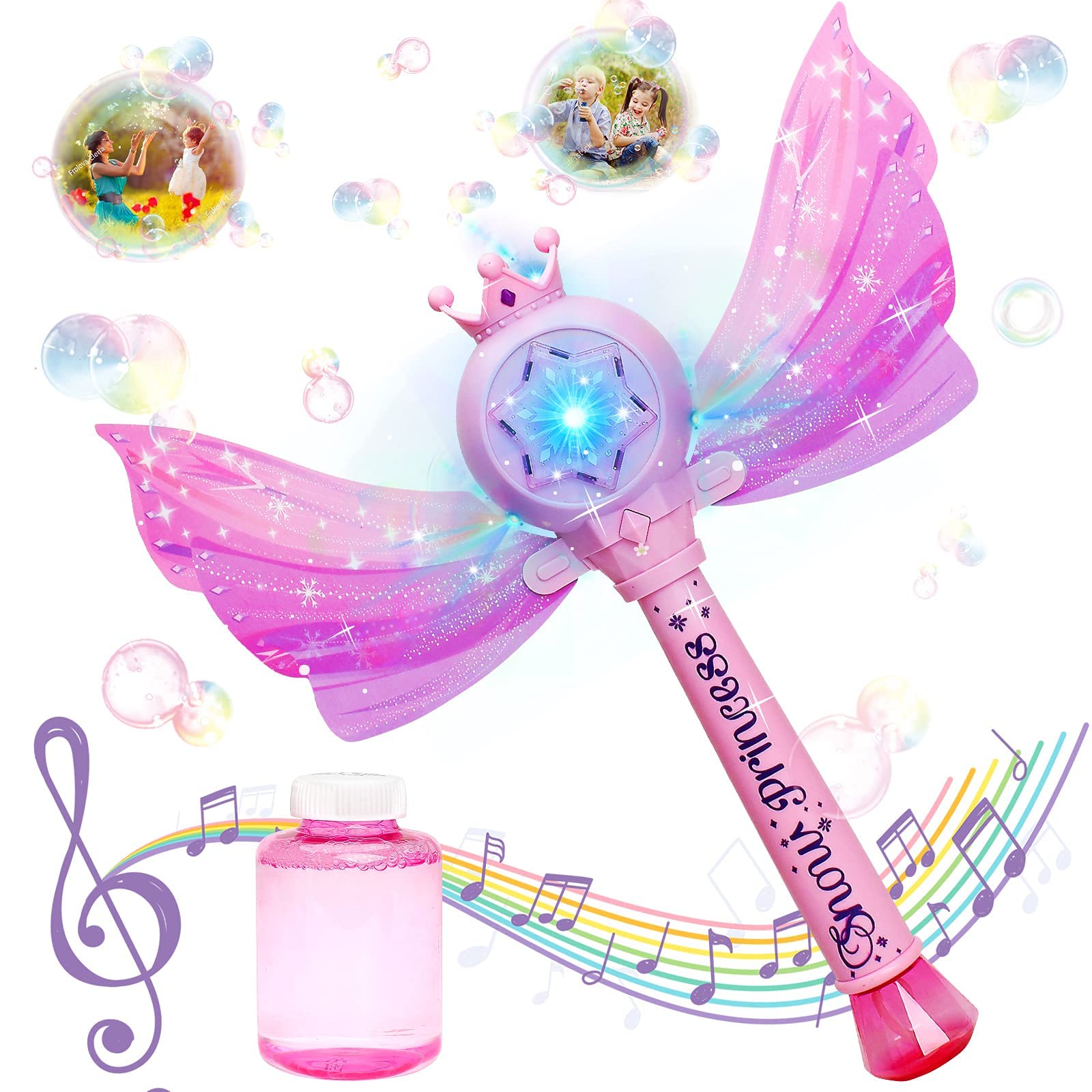 SYOSI Bubble Machine for Kids, Princess Bubble Wands with Detachable Wings, 1000+ Bubbles/Minute, Light Up Musical Bubbles Blow Maker Outdoor, Princess Wand Automatic Angel Fairy Bubble Wand