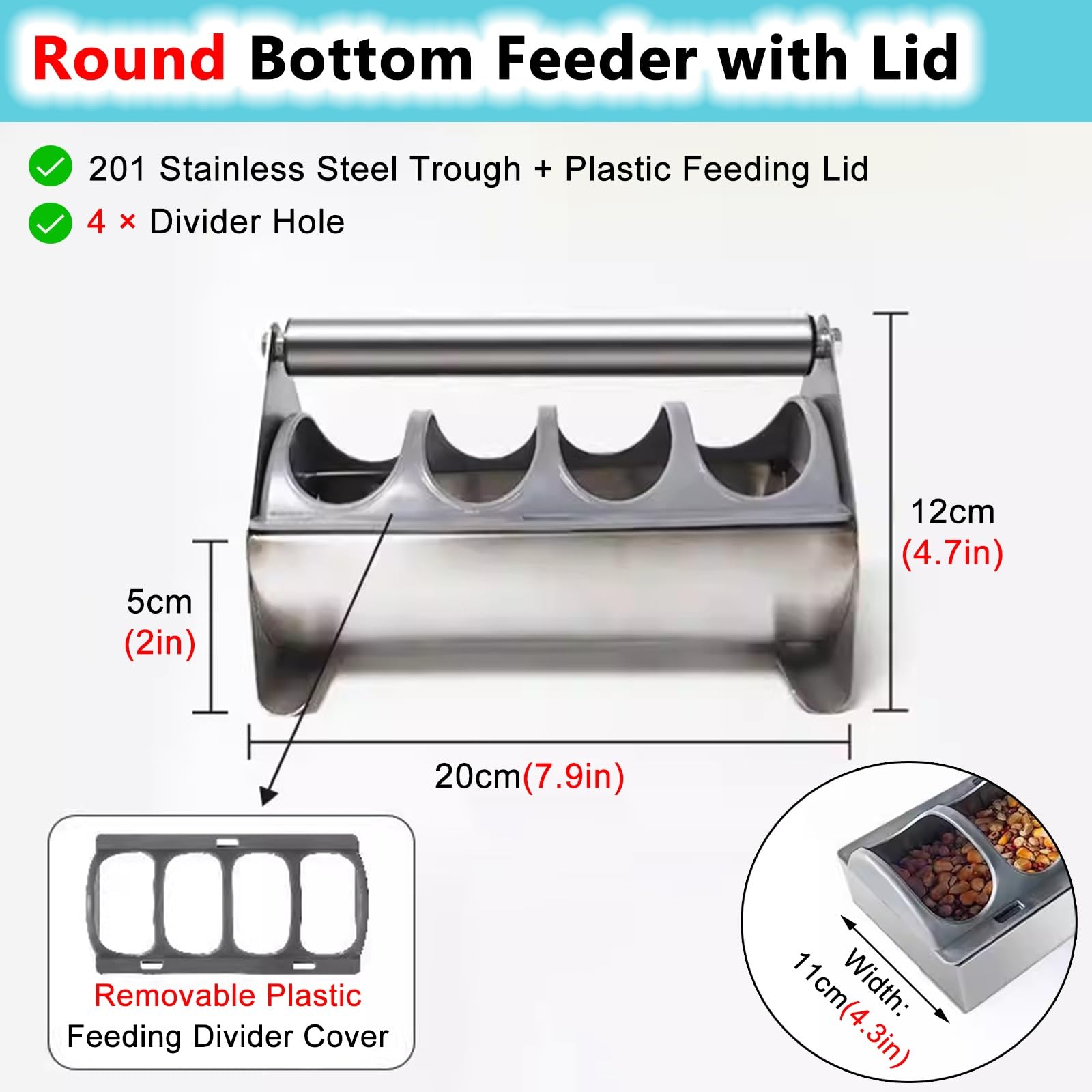 Comedero de aves de corral de acero inoxidable para pollo, pato, pájaro, ganso, contenedor sin residuos, dispensador de suelo para cocina, 12 pulgadas