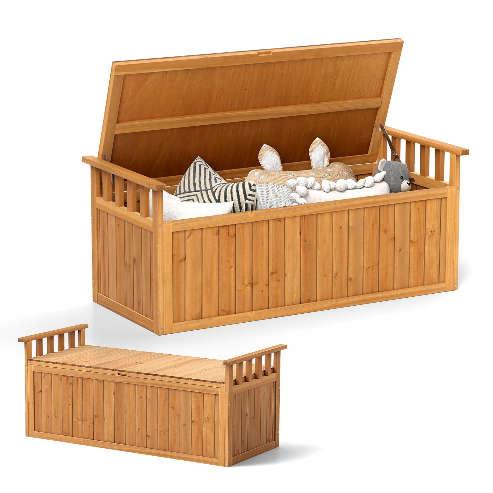 GYMAX Cassapanca Contenitore da Esterno 209L in Legno, Panchina da Giardino con Braccioli e Spazio di Archiviazione Nascosto, Contenitore Portaoggetti per Giardino, Terrazza, Veranda e Piscina