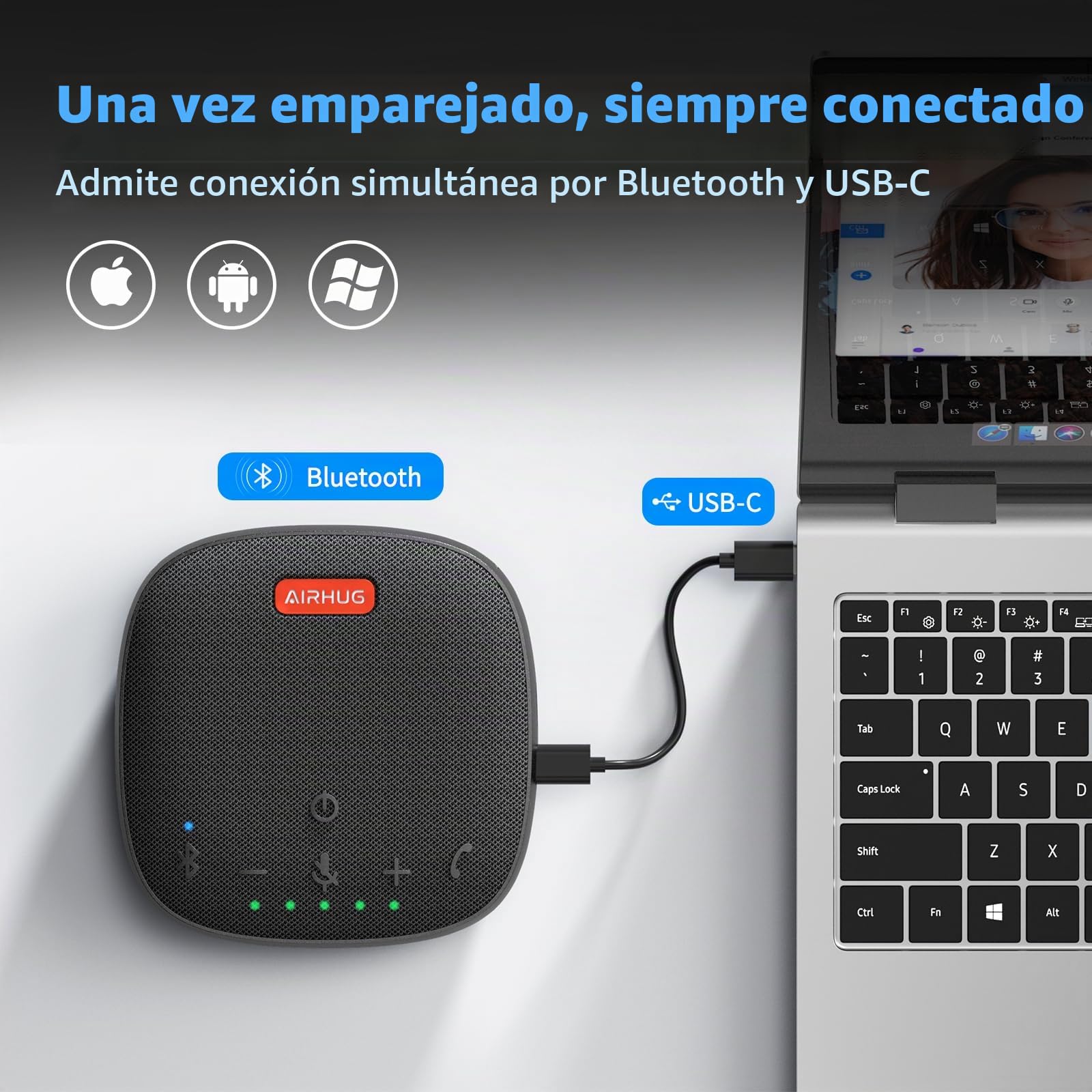 AIRHUG - Altavoz y micrófono de Conferencia, Altavoz Bluetooth con Recogida de Voz de 360°, reducción Avanzada de Ruido, USB-C Plug & Play, Compatible con Zoom y MS Team