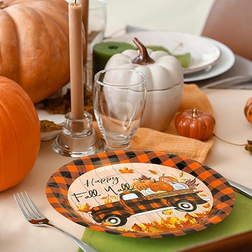 Miniatura 5 de Whaline 40 platos de papel de otoño de 9 pulgadas, platos de papel desechables a cuadros de búfalo naranja y negro, platos de papel desechables de