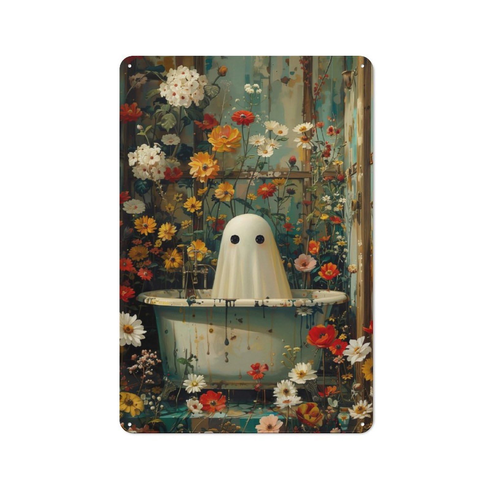 Junmoney Floral Ghost In Bathtub Tin Wall Plaque 30X20cm With For Studio Or Craft Room, For Metal Sign Collectors, For Kitchen And Home Bar Decor