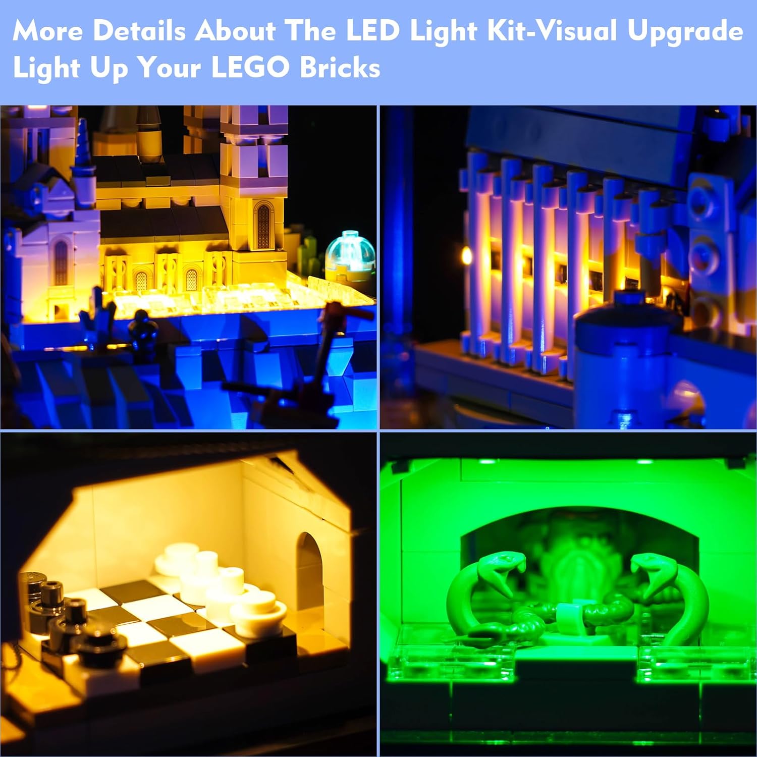 Kina view of illuminated sections within the LEGO Hogwarts Castle and Grounds 76419