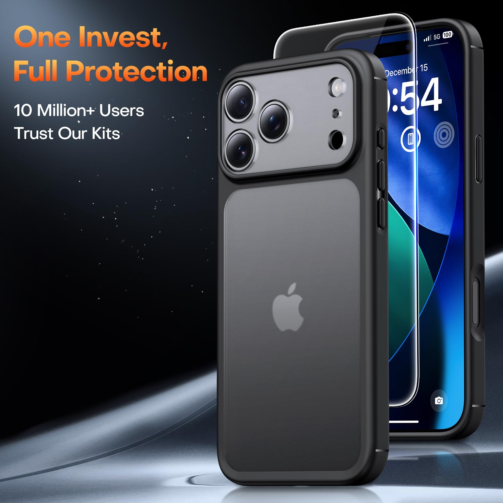 TAURI Cover per iPhone 17 Pro Max con Pellicola in Vetro Temperato,Protezione Completa della Fotocamera,Custodia Traslucida Opaca - Nero Opaco