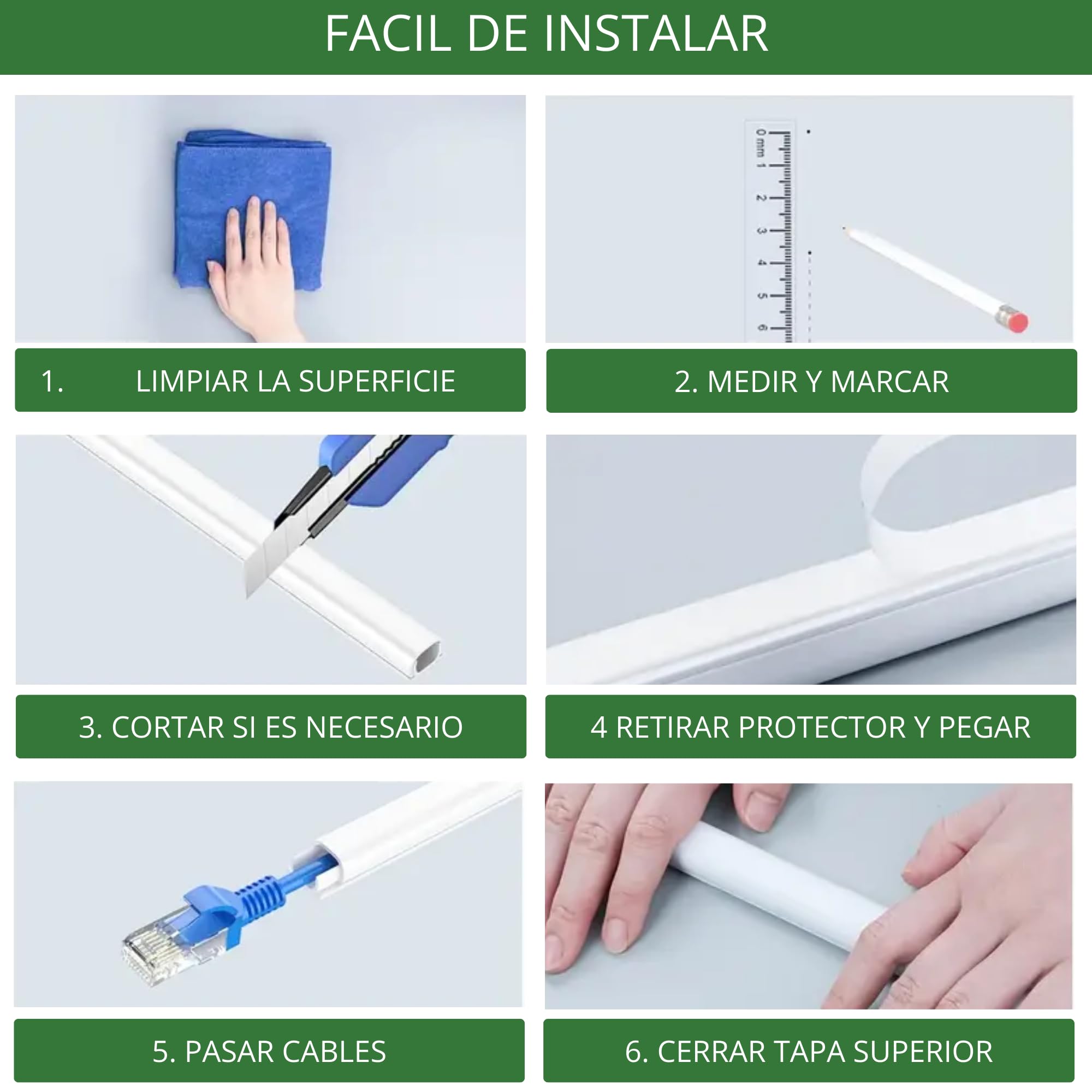 6x1metro (15x10mm) Canaleta Cables Pared Adhesivo | 6 Canaletas Cables de 1metro de Largo y 10 Accesorios - Cubre Cables Color Blanco para Proteger o Esconder Cables