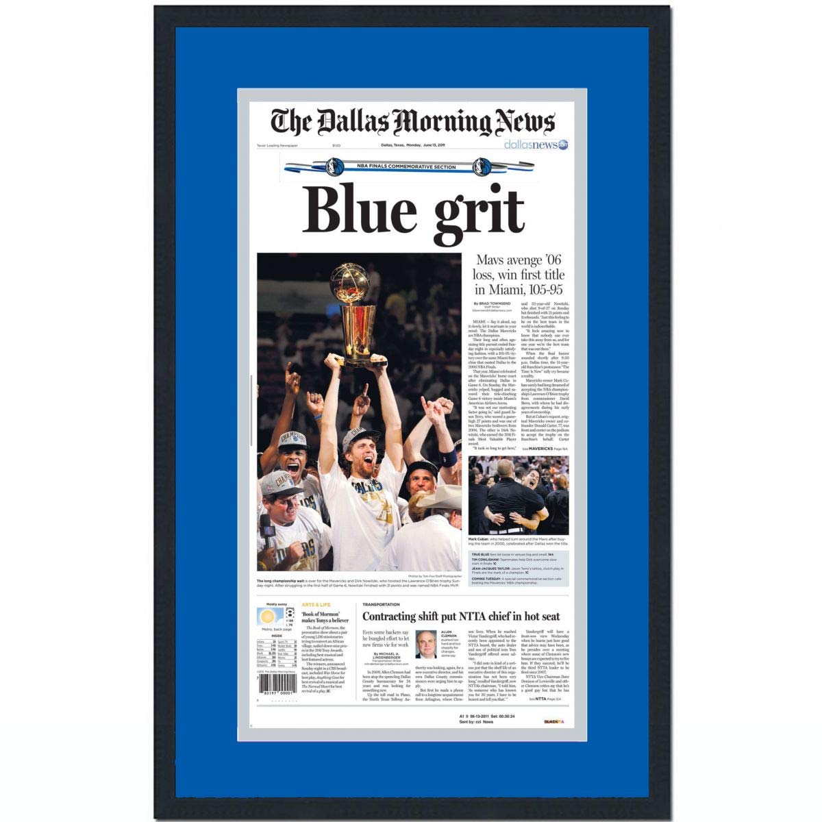 Framed The Dallas Morning News Mavericks Blue Grit 2011 NBA Finals Champions 17x27 Basketball Newspa