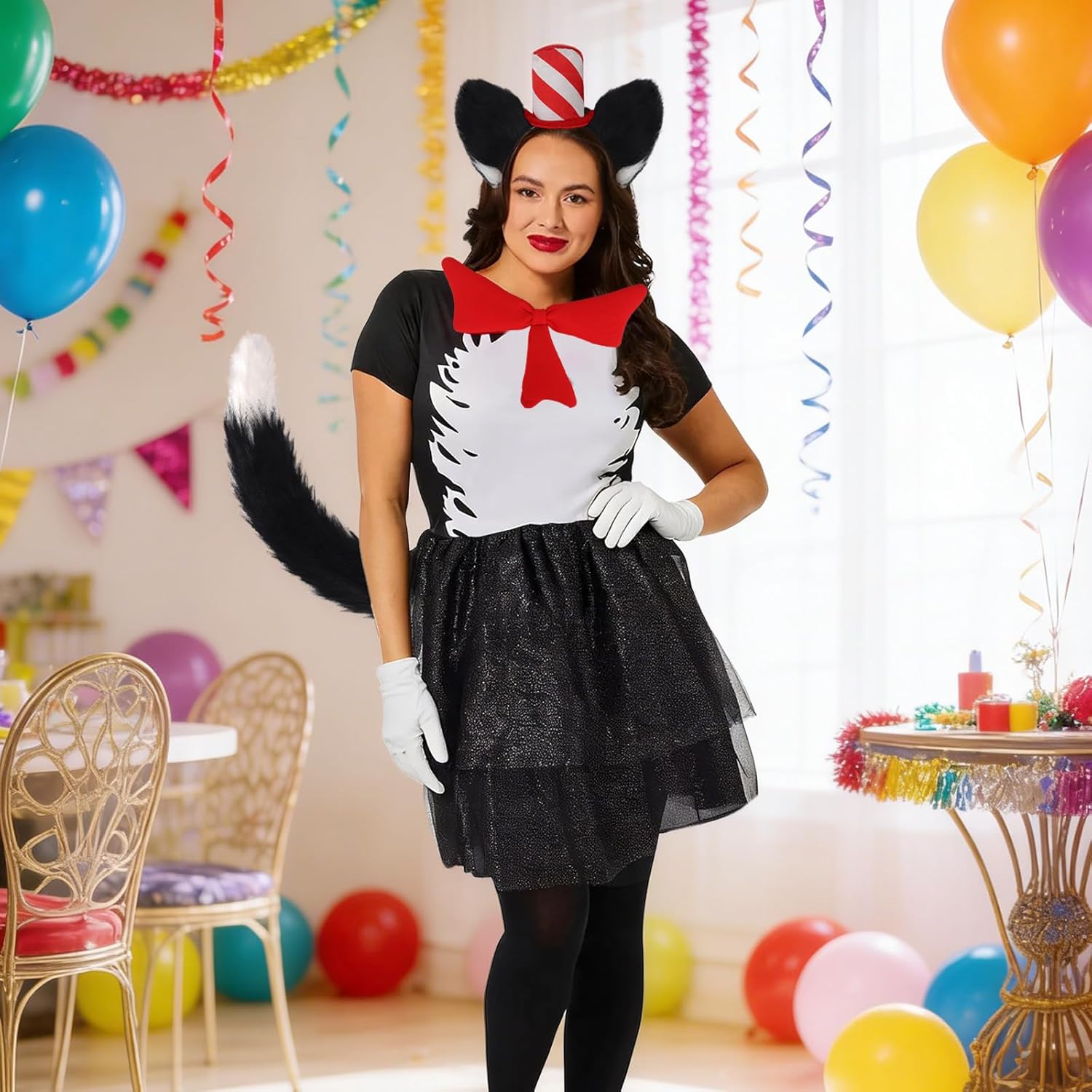 5PCS Halloween Cat Costume, Fluffy Cat Headband Tail Bowtie Gloves for 100th Day of School or World Book Week Kitty Cosplay - Image 7