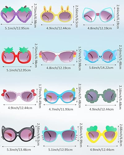 Miniatura 2 de Weewooday 12 pares de lentes de sol para niños, diseño de fresa, gato, flor, corazón, para fiesta, caricatura, para niños