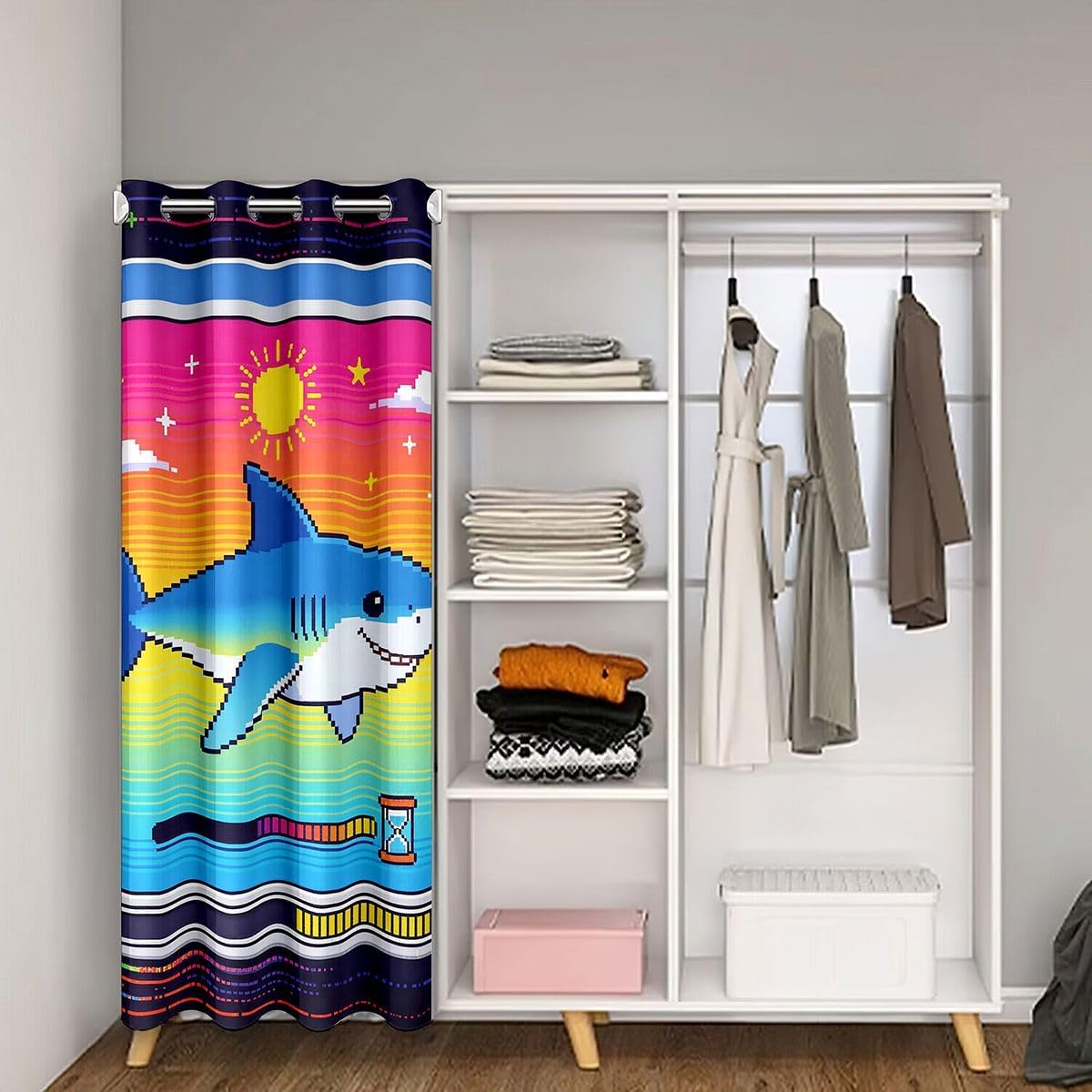 Castle Fairy Video Games Kids Door Curtain,Pixelated Shark Funny Animal Blackout Curtain,Retro Pixel Gaming Sealife Bedroom Doorway Room Decor,Blue Colorful Privacy Door Drape 1 Panel,52" W X 80" L image 2