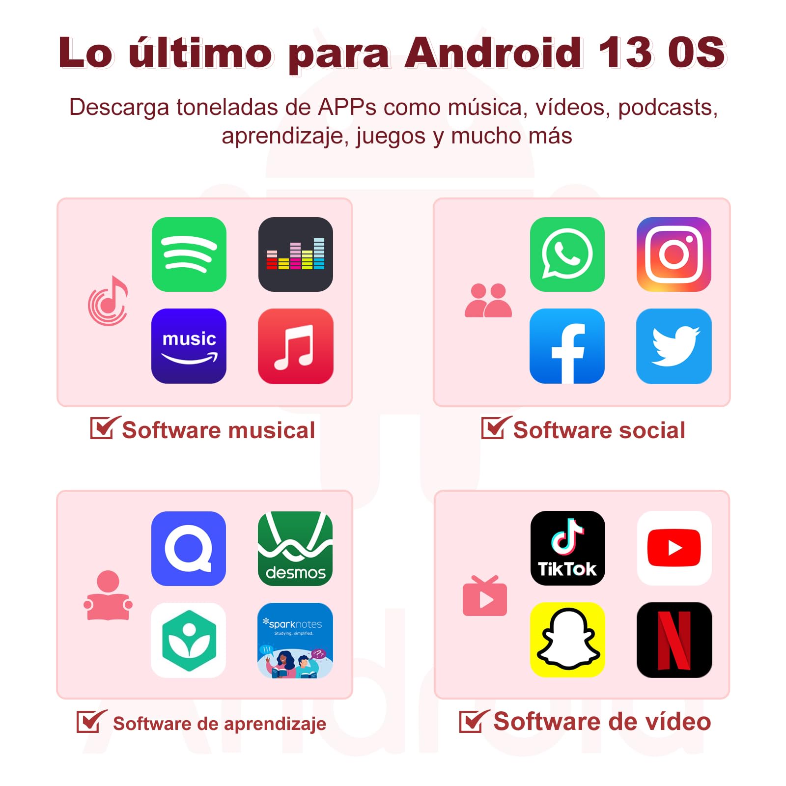 16GB Reproductor MP3 con WiFi Bluetooth, Pantalla IPS táctil 4.02" | Reproductor de música para niños, Reproductor MP4 Android 13 con Spotify, Audible, Deezer, Externo hasta 1TB, Pink