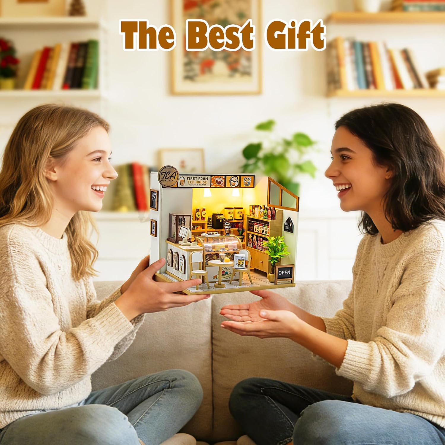 Miniature House Kit, DIY Miniature Dollhouse Kit, Mini House Building Kits with LED, Unique Gift for Birthday Christmas Day, Tea House