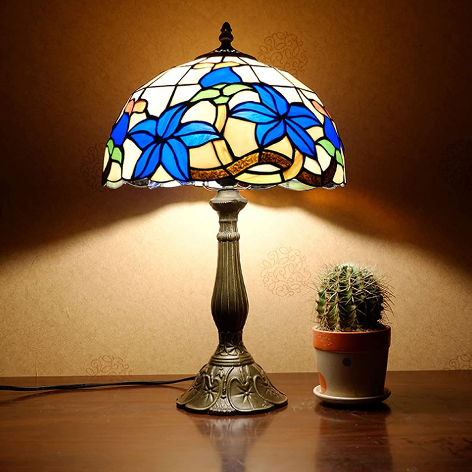 schöne Glaslampe schöne Glas Tischlampe Leselampe Nacht Lampe Persönlichkeit Blau Gardenia Buntglas Schreibtisch Lichter für Wohnzimmer Schlafzimmer Nachttische doppelte Komfort