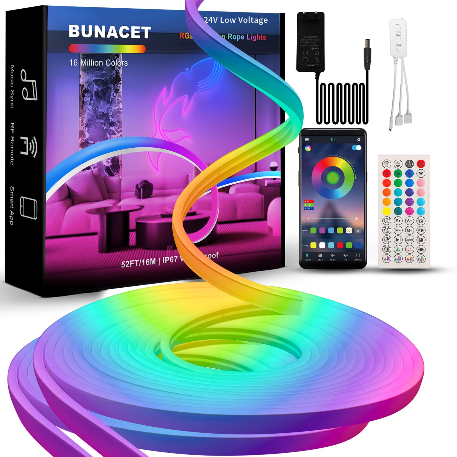 Tira LED Neón RGB+IC 16M, Luz LED Neón Silicona 96 LED/Metro, Impermeable IP65, Control APP, Neón LED RGB con Cargador y Control remoto para Habitación, Sala de juegos, Exterior, Fiesta