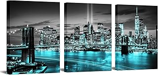 Conipit New York Brooklyn Bridge Canvas Wall Art Black and White City Pictures Teal Skyline Artwork Modern Night View Painting for Home Living Room Bedroom Office Decor 12x16 Inch (Teal, Small)