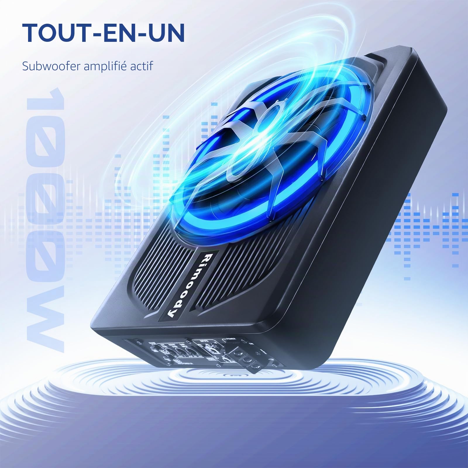 Rimoody Caisson de Basse pour Voiture, 10 Pouces, 1000W Max, 400W RMS, Profil Bas, Contrôle de Phase 0-180°, Boost de Basses 0-18dB, Installation sous Siège avec Éclairage d'ambiance LED Bleu