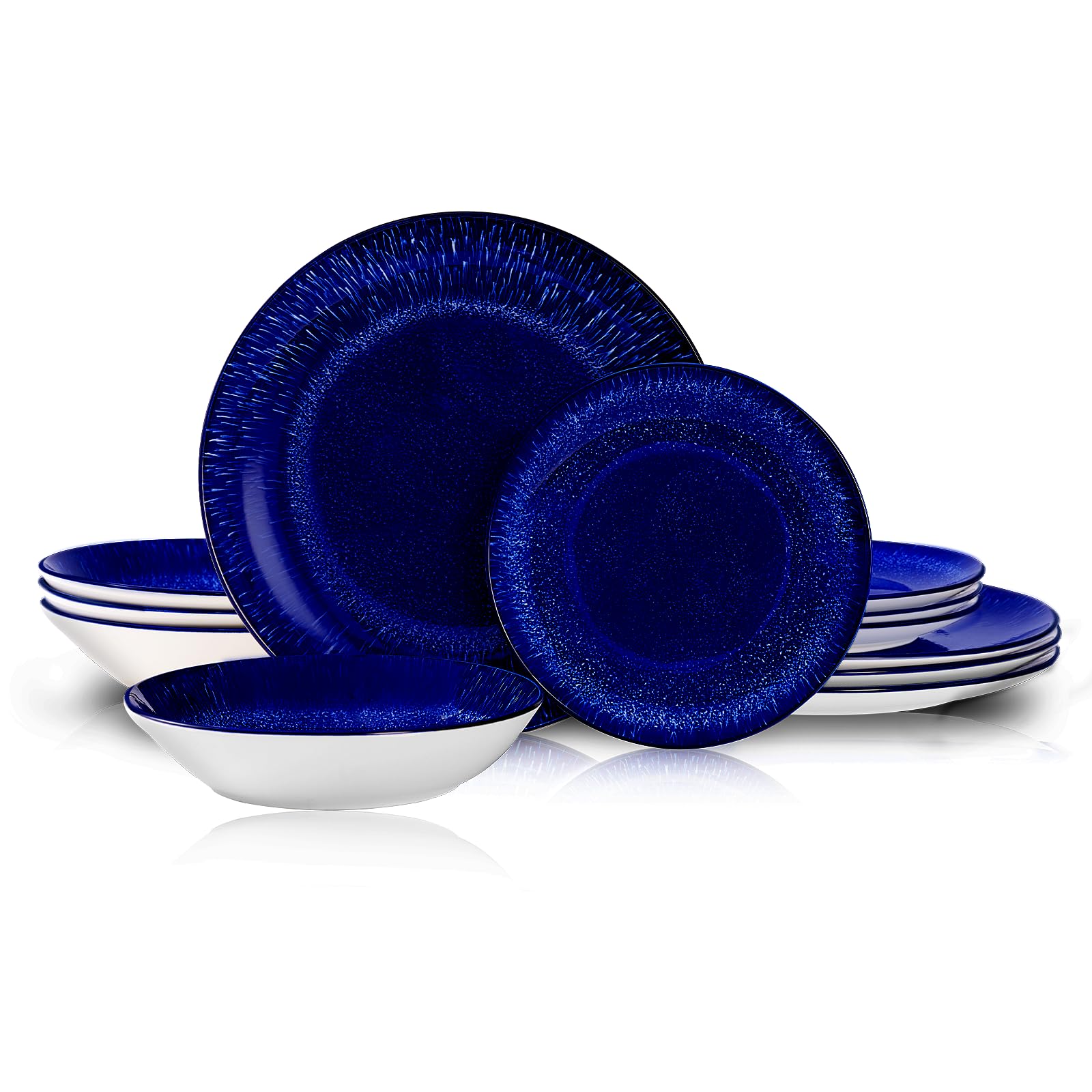 12 Piece Round Kitchen Dinnerware Set,Plates and Bowls sets,Dishes, Dinner Salad Plates, Cereal Bowls Set,Dish Set?Plates and Bowls,Service for 4, Chip Resistant Porcelain, Starry Sky Blue