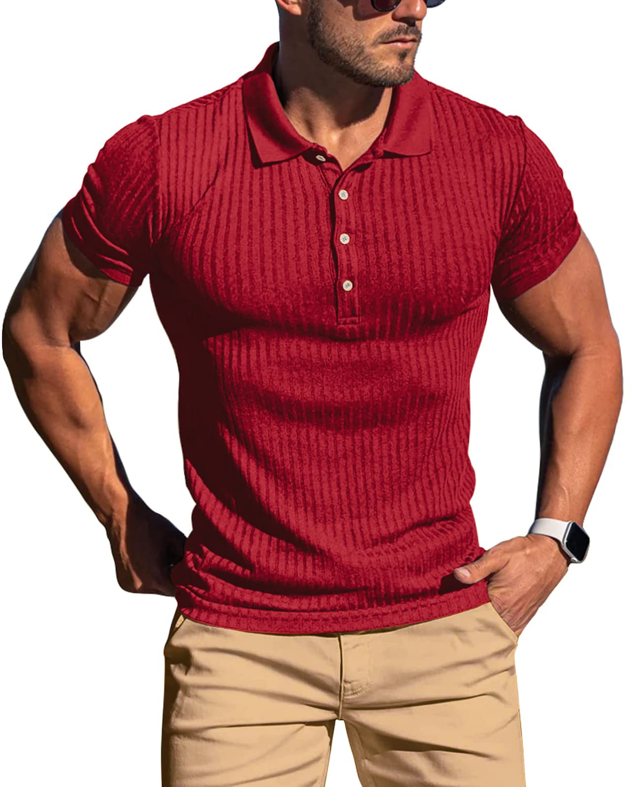 onzcyMuscle Polo Shirts for Men Short Sleeve Slim Fit Golf Shirts for Men Casual Dry Fit T Shirts Ribbed Knit Bowling Shirts