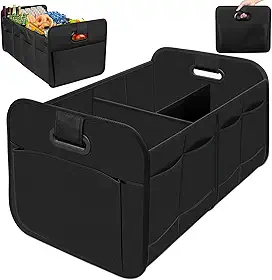 60 * 35 * 30.5 cm Organizador Porta Malas Carro Dobrável Impermeável com Alça, Divisórias e Bolso Externo, Organizador Portátil de Armazenamento para Automóveis, Baú Multiuso para Veículos