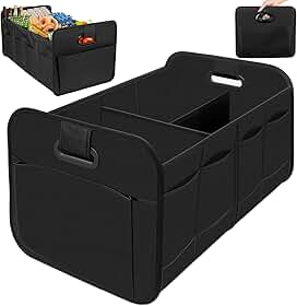 60 * 35 * 30.5 cm Organizador Porta Malas Carro Dobrável Impermeável com Alça, Divisórias e Bolso Externo, Organizador Portátil de Armazenamento para Automóveis, Baú Multiuso para Veículos