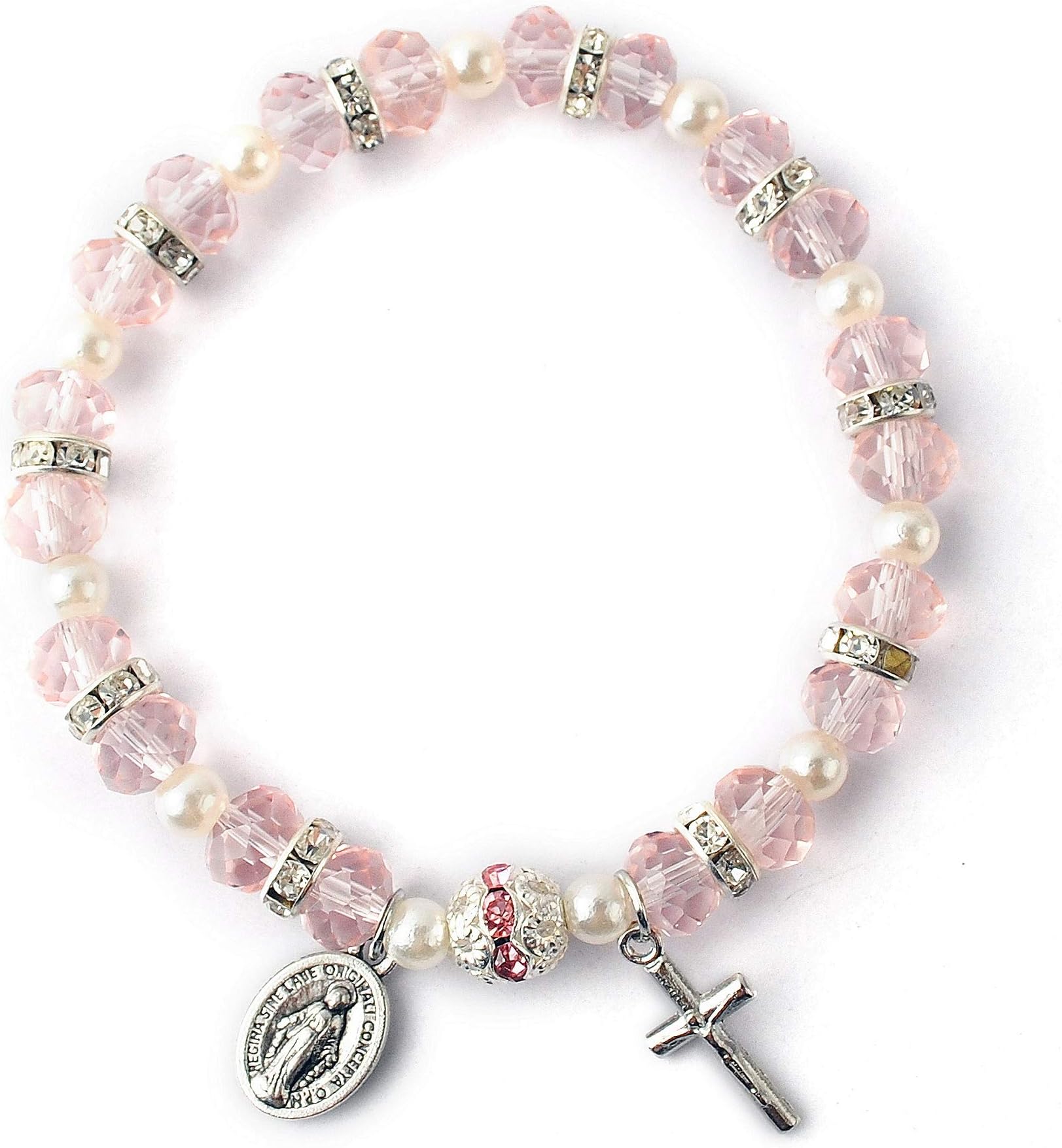 HanlinCC Women's Beaded Stretch Rosary Bracelet with Crucifix and Miraculous Medal