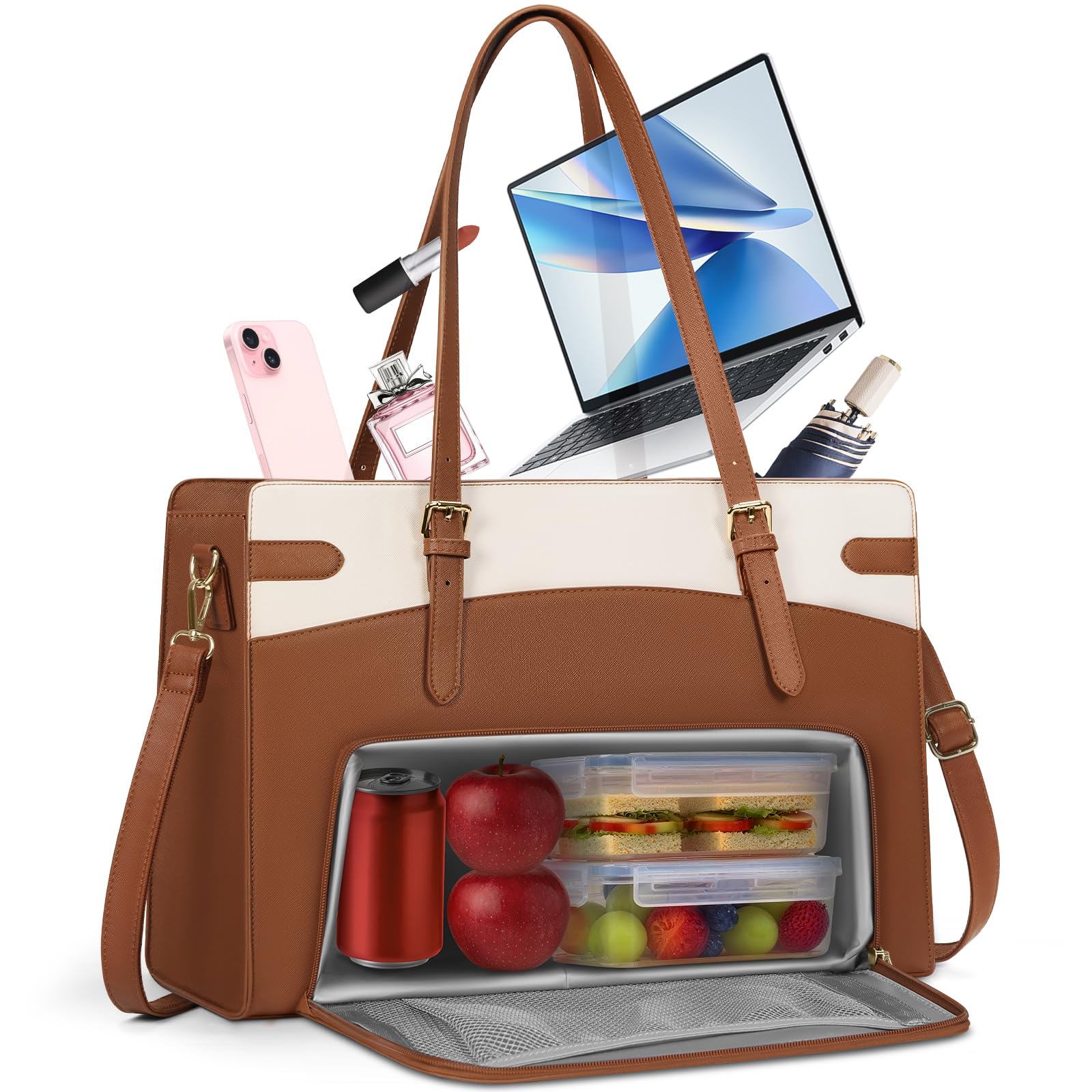 RAINSMORE Laptop Bags for Women with Insulated Lunch Compartment Work Tote Bag 15.6 inch Large Laptop Handbag PU Leather for Office Business College — view 9