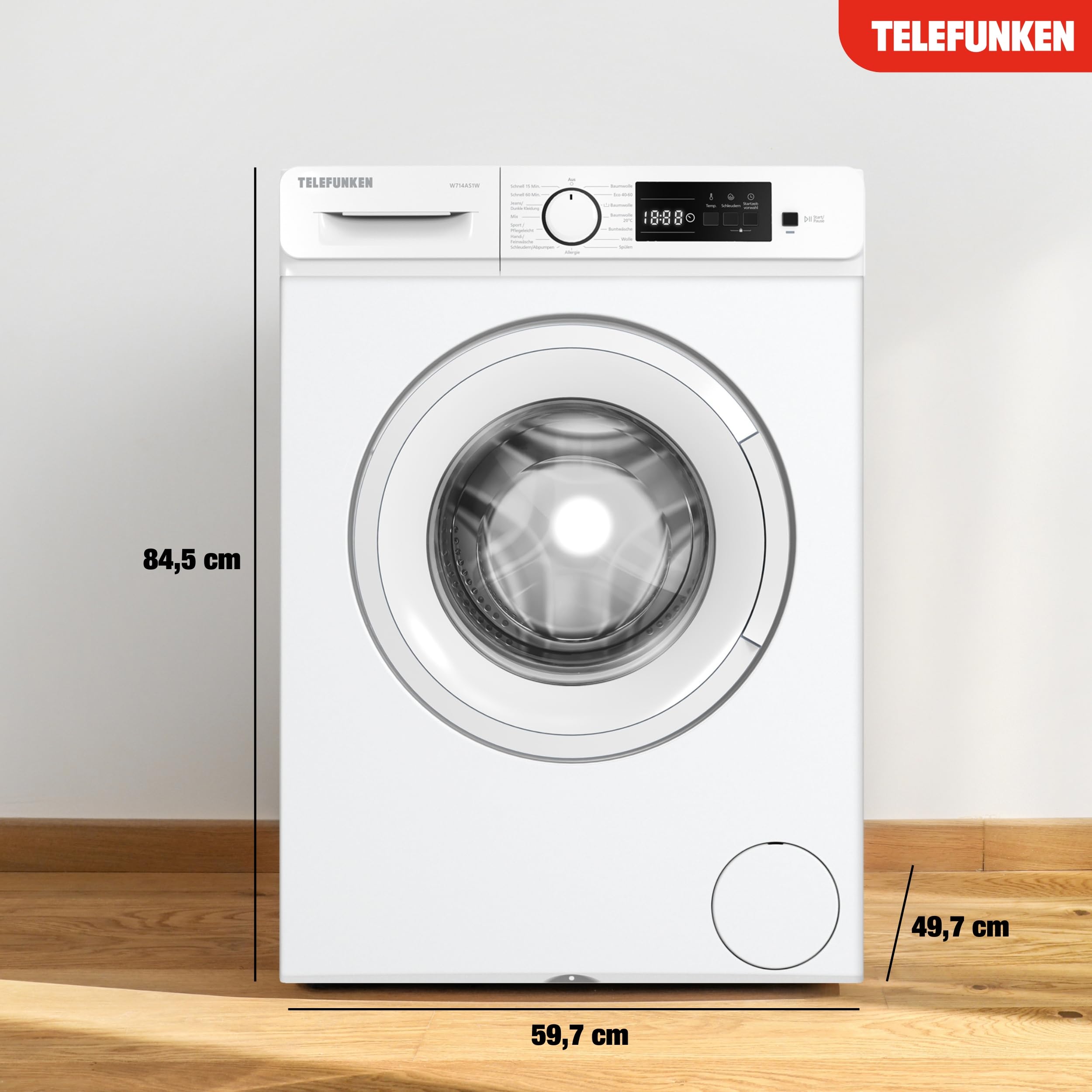 Telefunken Waschmaschine 7kg Frontlader 1400 U/Min Energieklasse A Inverter Motor AquaStop LED-Display weiß