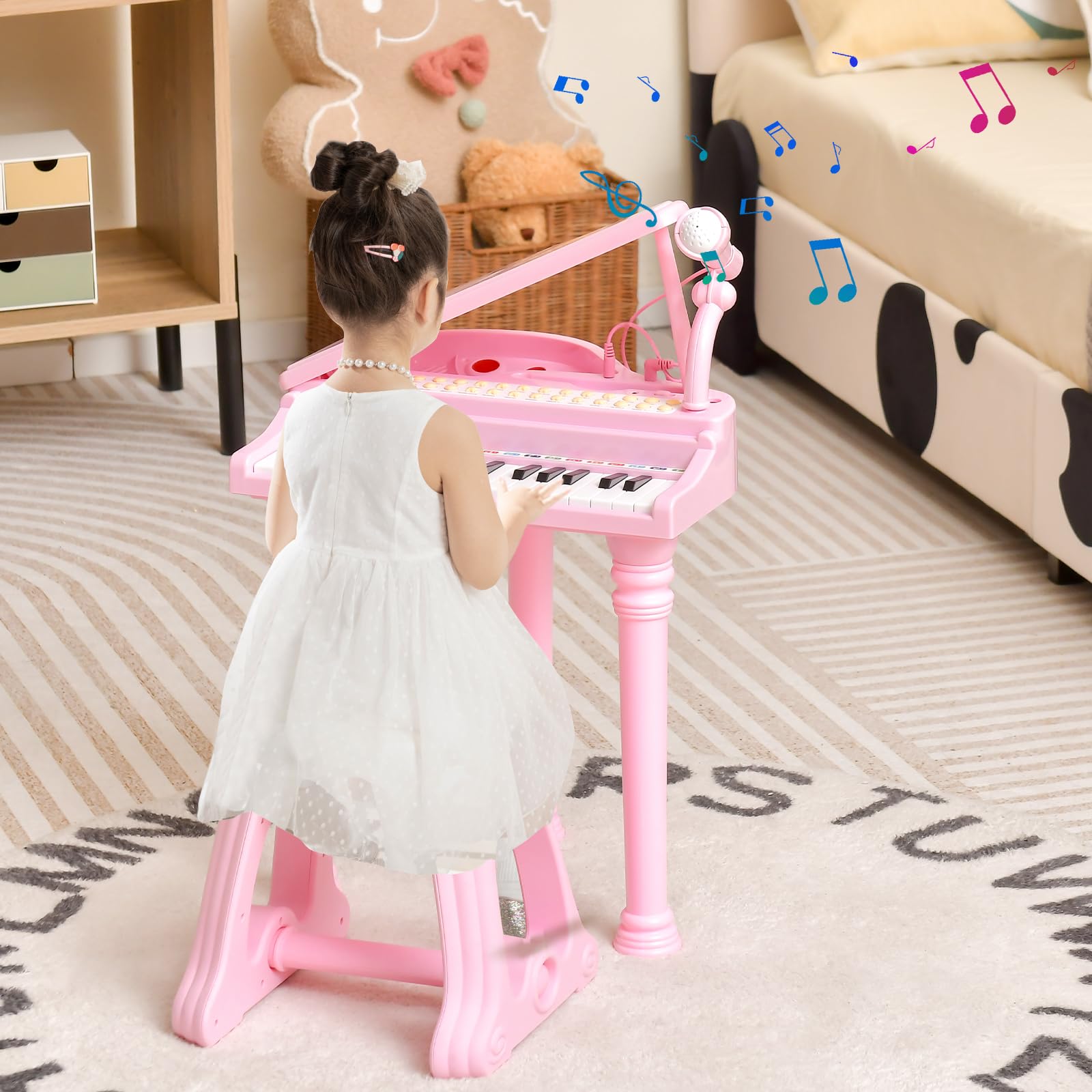 COSTWAY Kinder Keyboard mit 37 Tasten & Hocker, elektronische Klaviertastatur tragbar mit Mikrofon, LED-Lehrmodus, Aufnahme- & Wiedergabefunktion, Musikinstrument für Kinder ab 3 Jahre (Rosa)