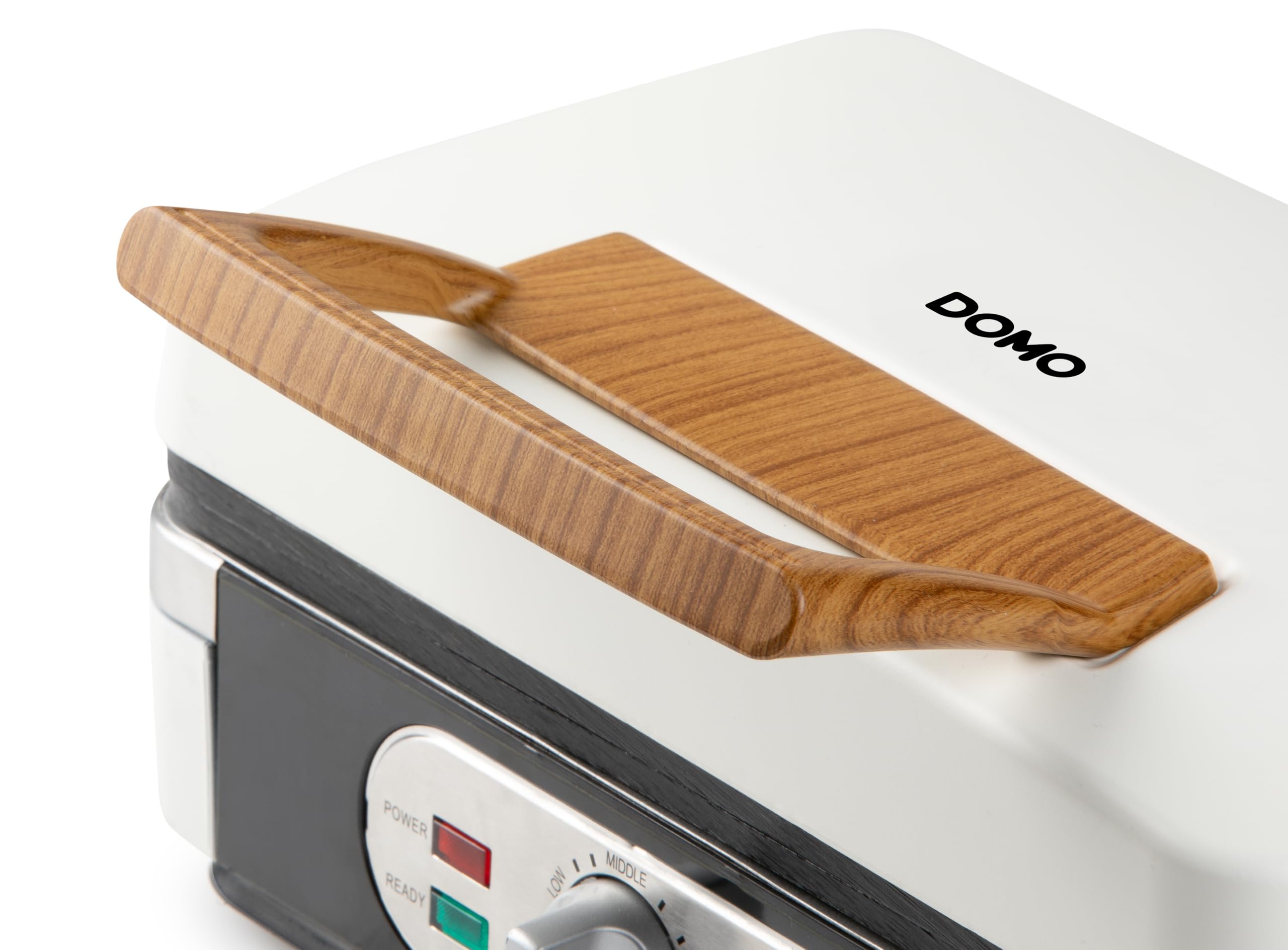 DOMO DO9277C Snackmaker 3 en 1 - Design de luxe en bois - PFAS FREE - Croque-Monsieur, Gaufrier et Gril - Pieds Anti dérapants - Plaques de cuisson interchangeables - 1100W - Blanc Poudré