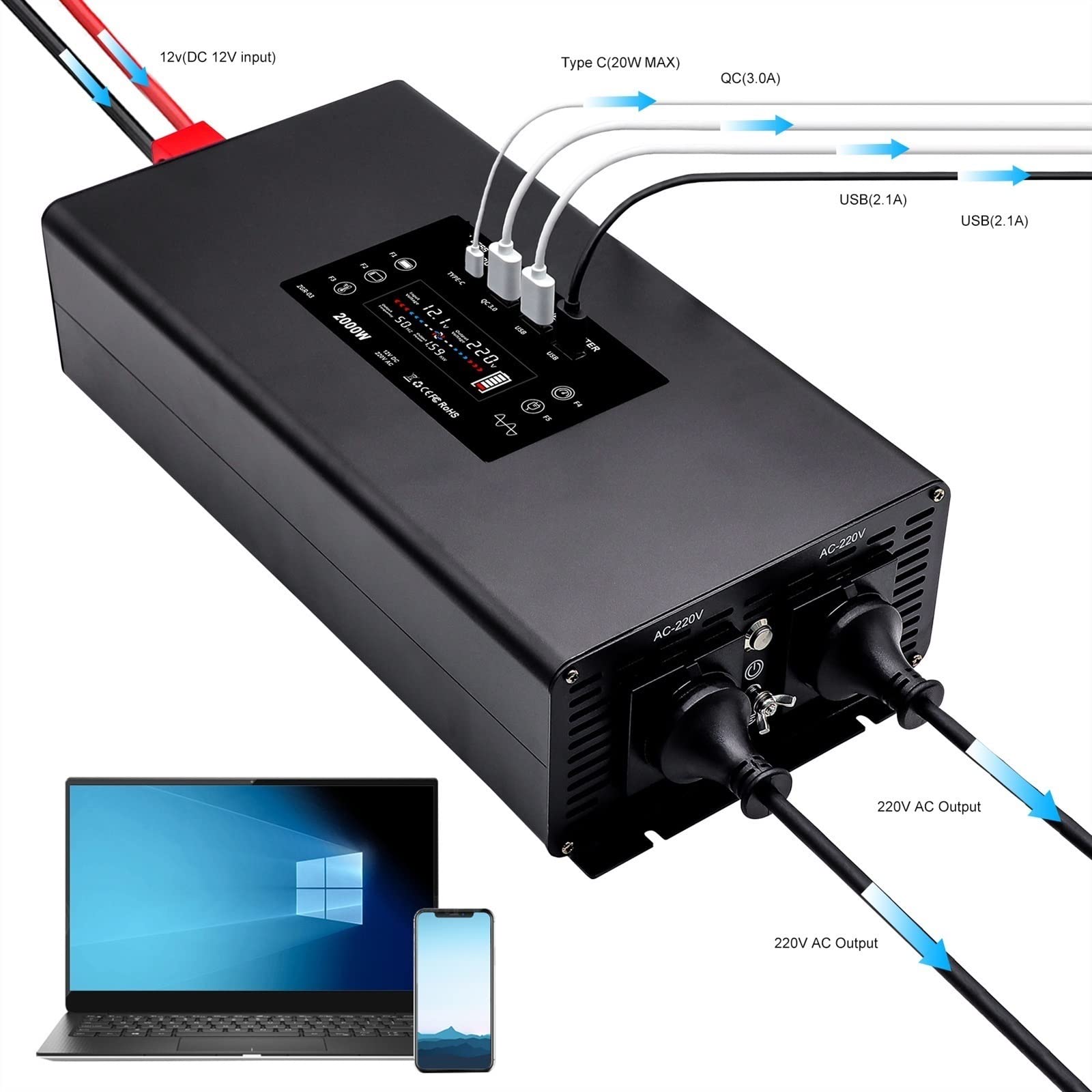 Czysta fala sinusoidalna przetwornica mocy przetwornica mocy moc szczytowa 4000W DC 12V 24V 36V 48V 60V do AC 220 230 moc ciągła 2000W(48V)