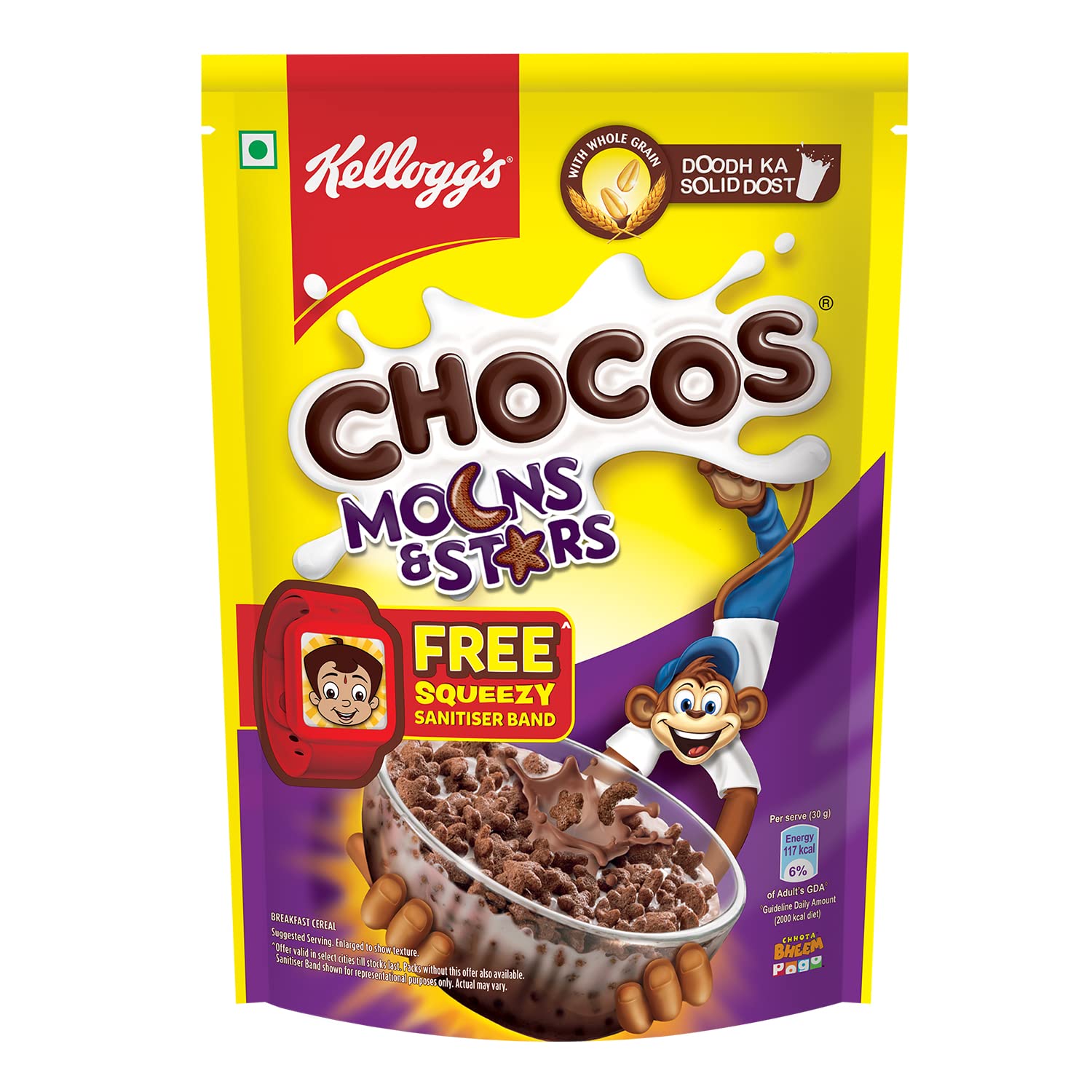 Kelloggs Chocos Moons & Stars with Free Squeezy Sanitiser Band for Kids | Whole Grain | Source of Fibre | High in Calcium & Protein | with 10 Essential Vitamins & Minerals, Breakfast Cereals | 375g (B0B1MZ282M) Amazon Price History, Amazon Price Tracker
