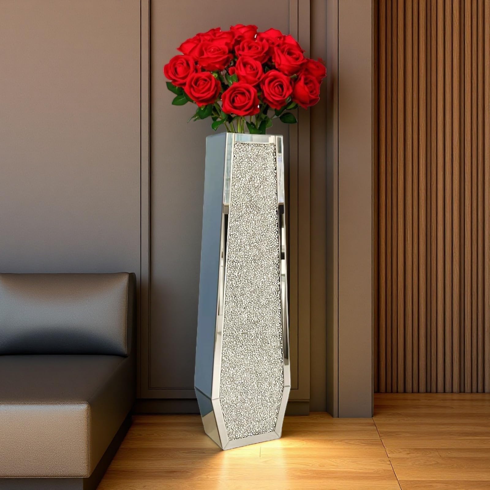 36" Extra Tall Double Sided Crushed Diamond Vases,Extra Large Mirrored Sliver Vase,Huge Crystal CrushDiamond Decorative Vase for Home,Office,Hotel(
