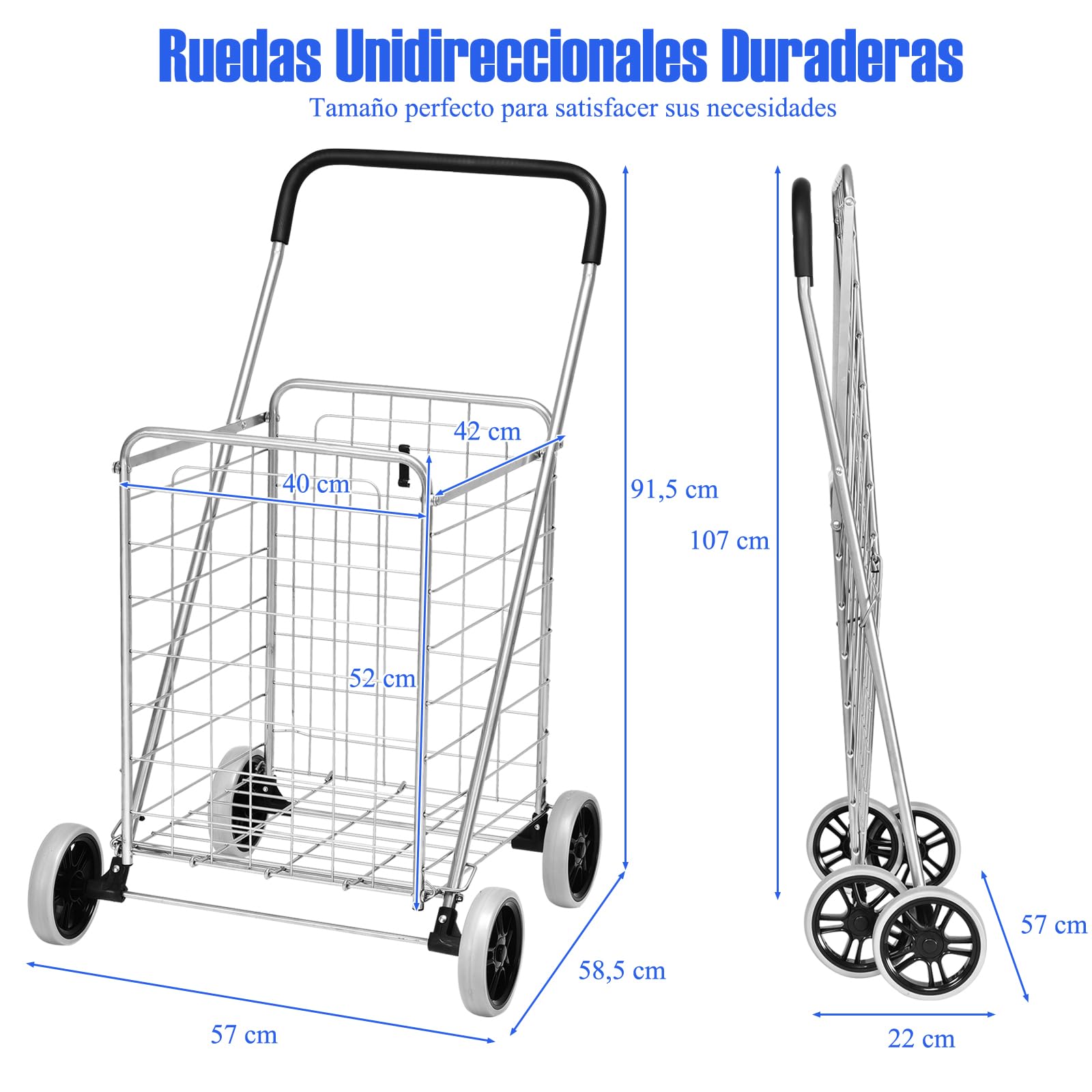 GYMAX Carrito Plegable 83 L, Carrito Multiusos Resistente con Asa y Ruedas Grandes, Carrito Versátil con Cesta de Metal para Almacenes, Supermercados y Lavandería (Plata)