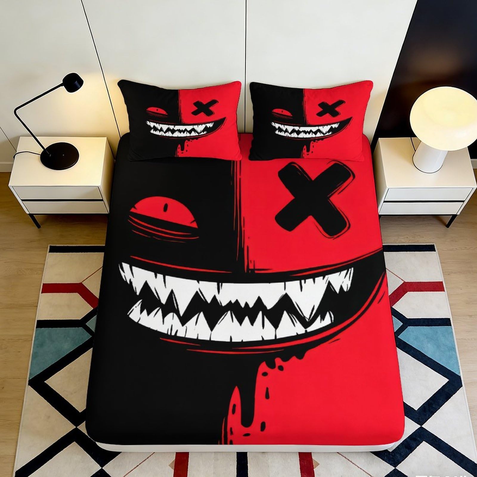 3D Printed Graffiti Monster Fitted Sheet Microfiber Red Black Cartoon Skull Mattress Cover for Bedroom Dorm Decor 200x200x25cm