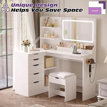 TRIUMPHKEY Dressing Table with Stool,Vanity Desk with 5 Drawers,Power Outlet,Corner Makeup Table with 3 Colors LED Mirror,Open Shelves,Bedroom Furniture for Women Girls [Energy Class E]