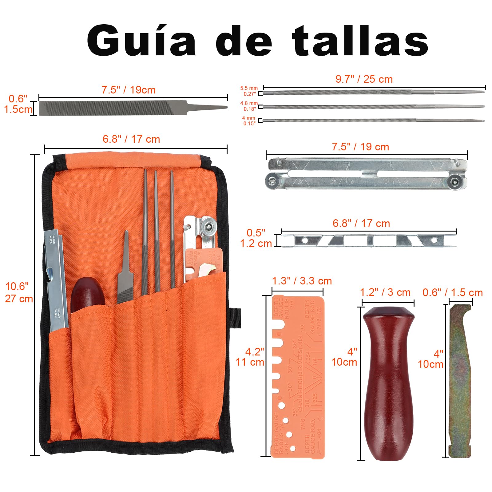 MORROWIND Kit de Afilador de Motosierra, 9 Piezas con Limas Redondas Planas de 4/4,8/5,5 mm, 6 Pulgadas, Calibre de Profundidad Y Calibre de Verificación Rápida, Naranja
