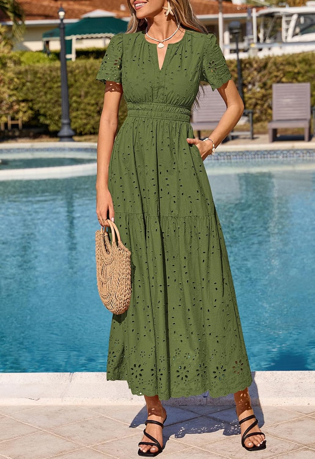PRETTYGARDEN Womens Spring Maxi Dress Short Sleeve V Neck Cotton Hollow Out A Line Beach Vacation Long Dresses with Pockets - Image 3
