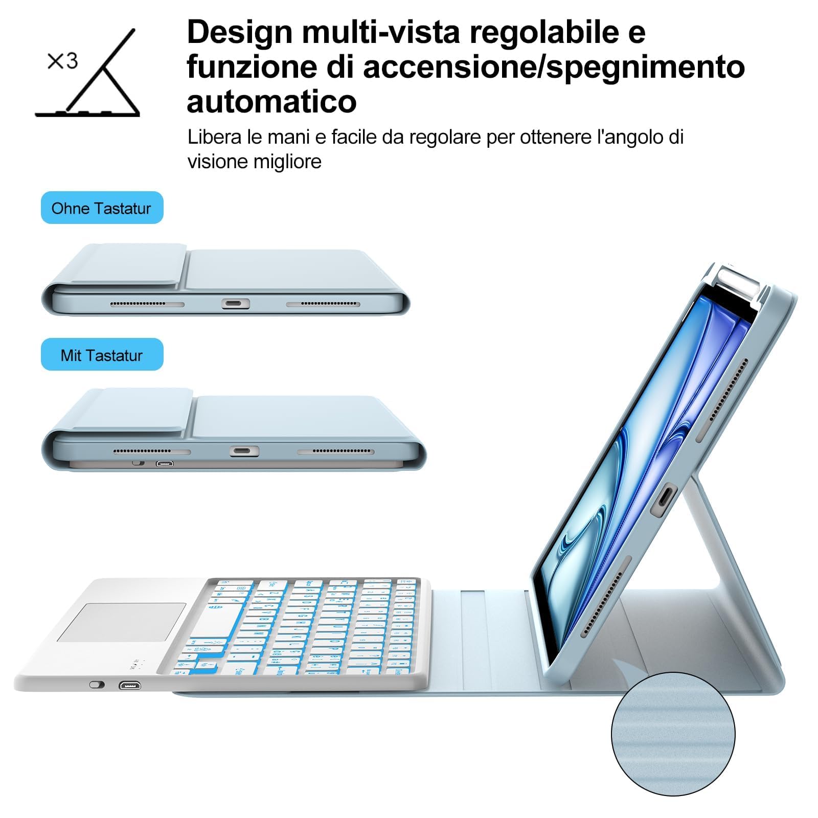 FOGARI Per iPad Air 11/ 5ª/4ª generazione e iPad Pro 11 Cover Tastiera | Tastiera Bluetooth Rimovibile con Retroilluminazione 7 colori e Touchpad per iPad Air 11 M4 2026/M3 2025/M2 2024, Azzurro